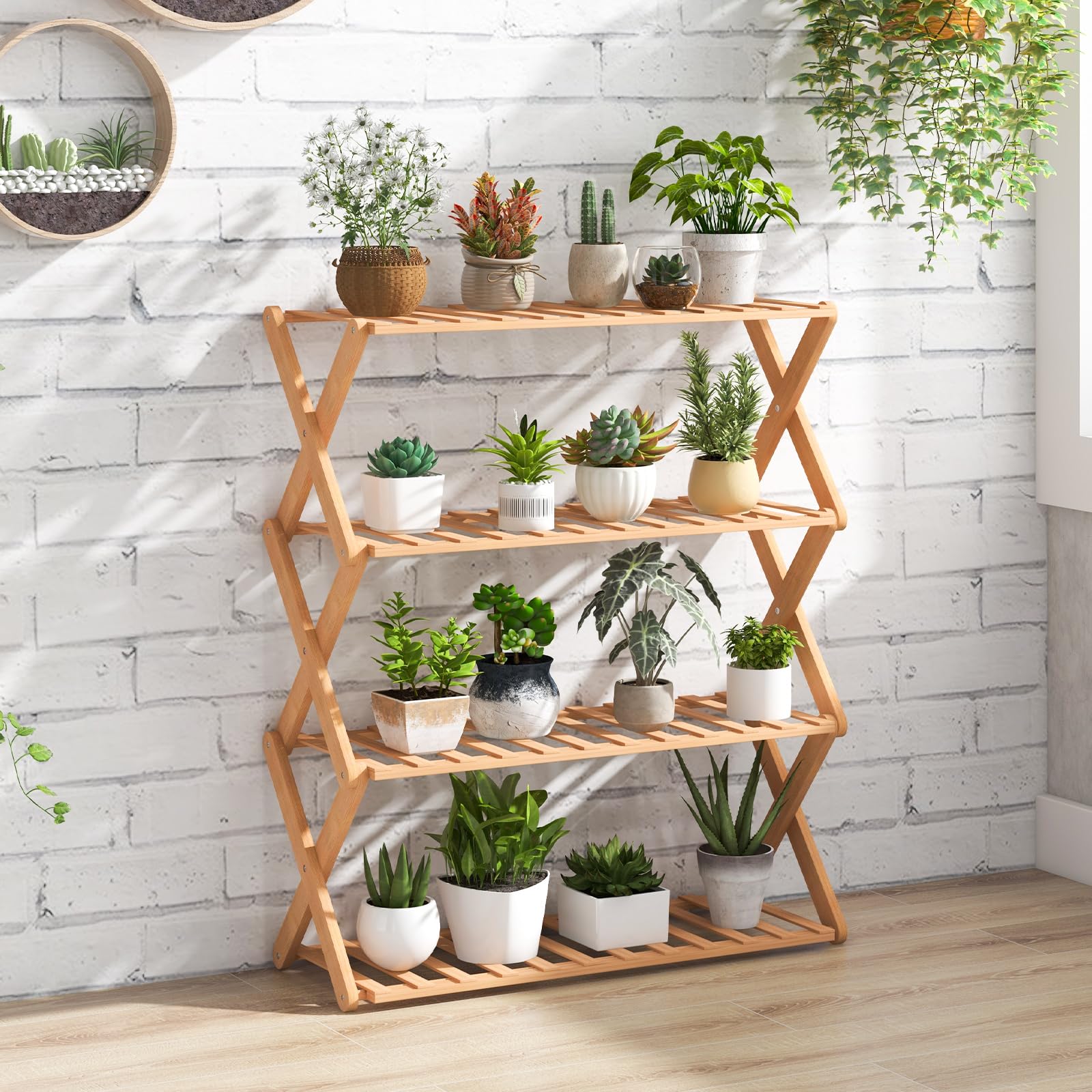 Giantex Bamboo Plant Stand Indoor, 4-Tier Folding Planter Shelf, Foldable Display Rack w/ Slatted Shelves, No Assembly 