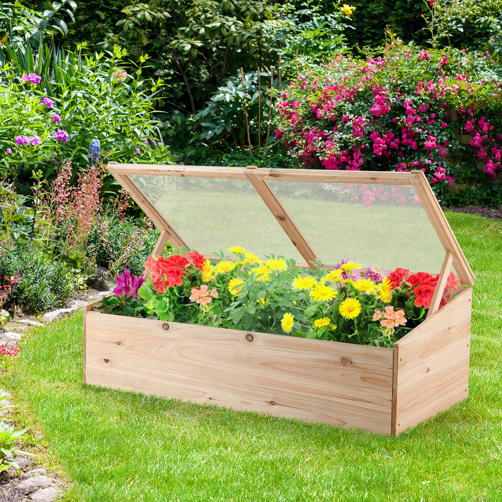 Giantex Wood Cold Frame, Mini Garden Greenhouse, Transparent Flip Top Lid(Farmhouse) 