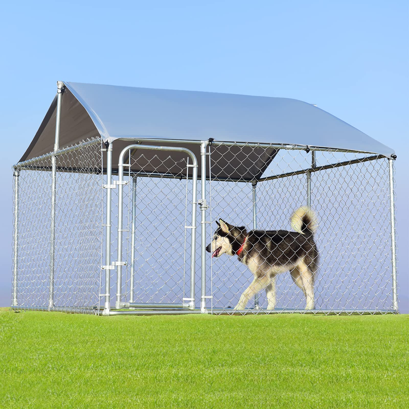 Giantex Outdoor Dog Kennel with Roof, 7.5ft Dog Fence with Door and Waterproof Cover 