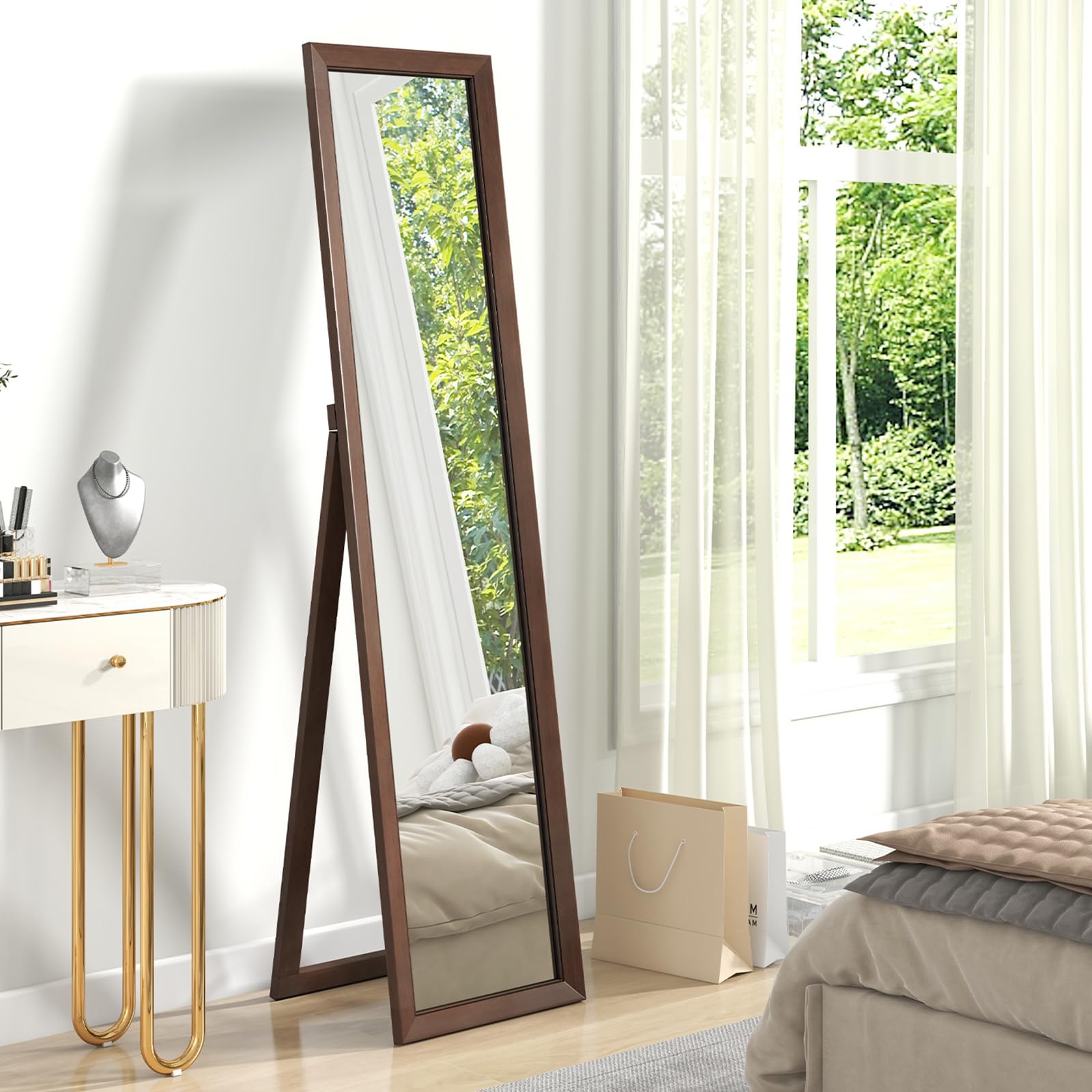 CHARMAID Full Length Mirror with Stand, Full Body Floor Mirror with Solid Wood Frame