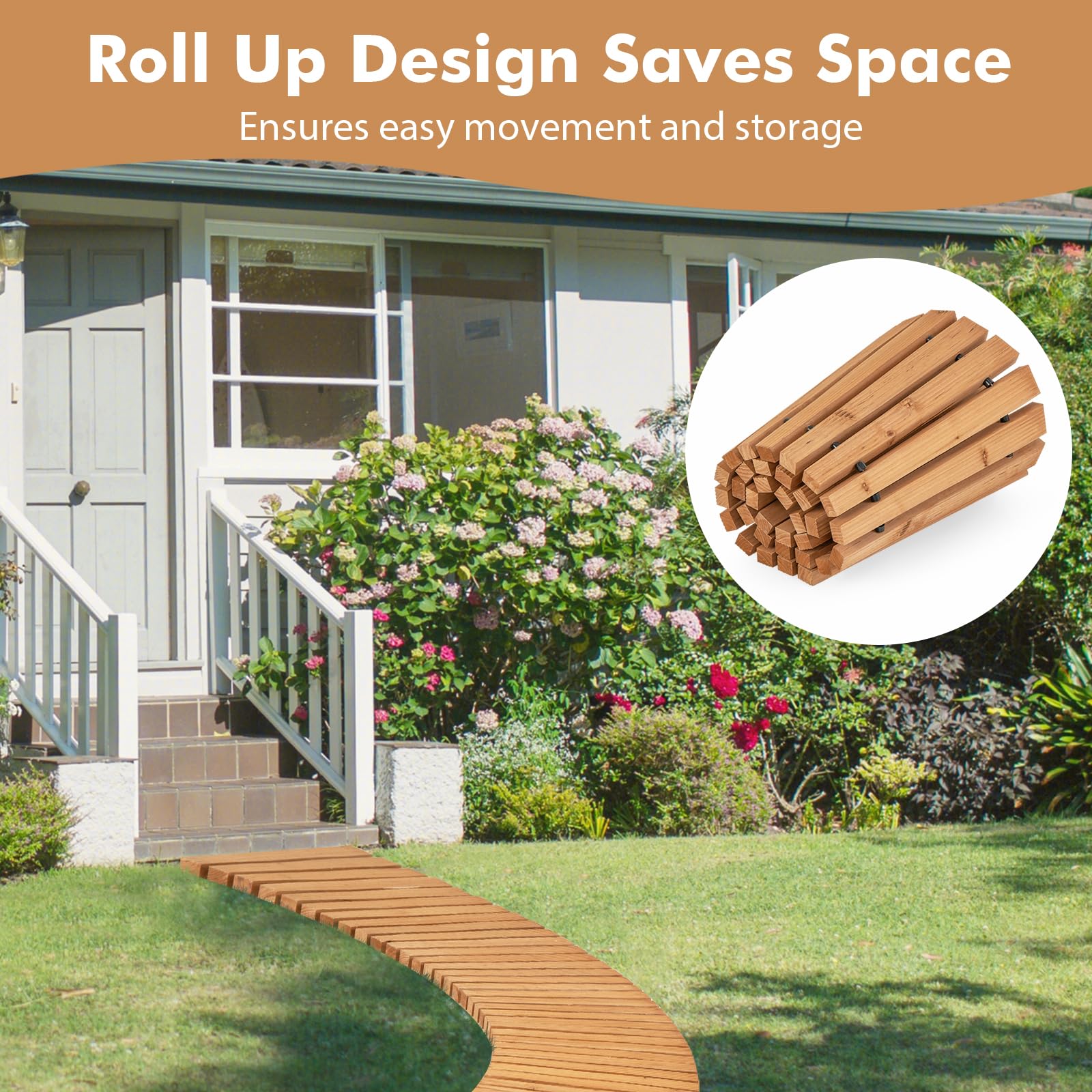 Giantex Garden Pathway Roll Up - 7ft Curved Wood Walkway 17 inch Width