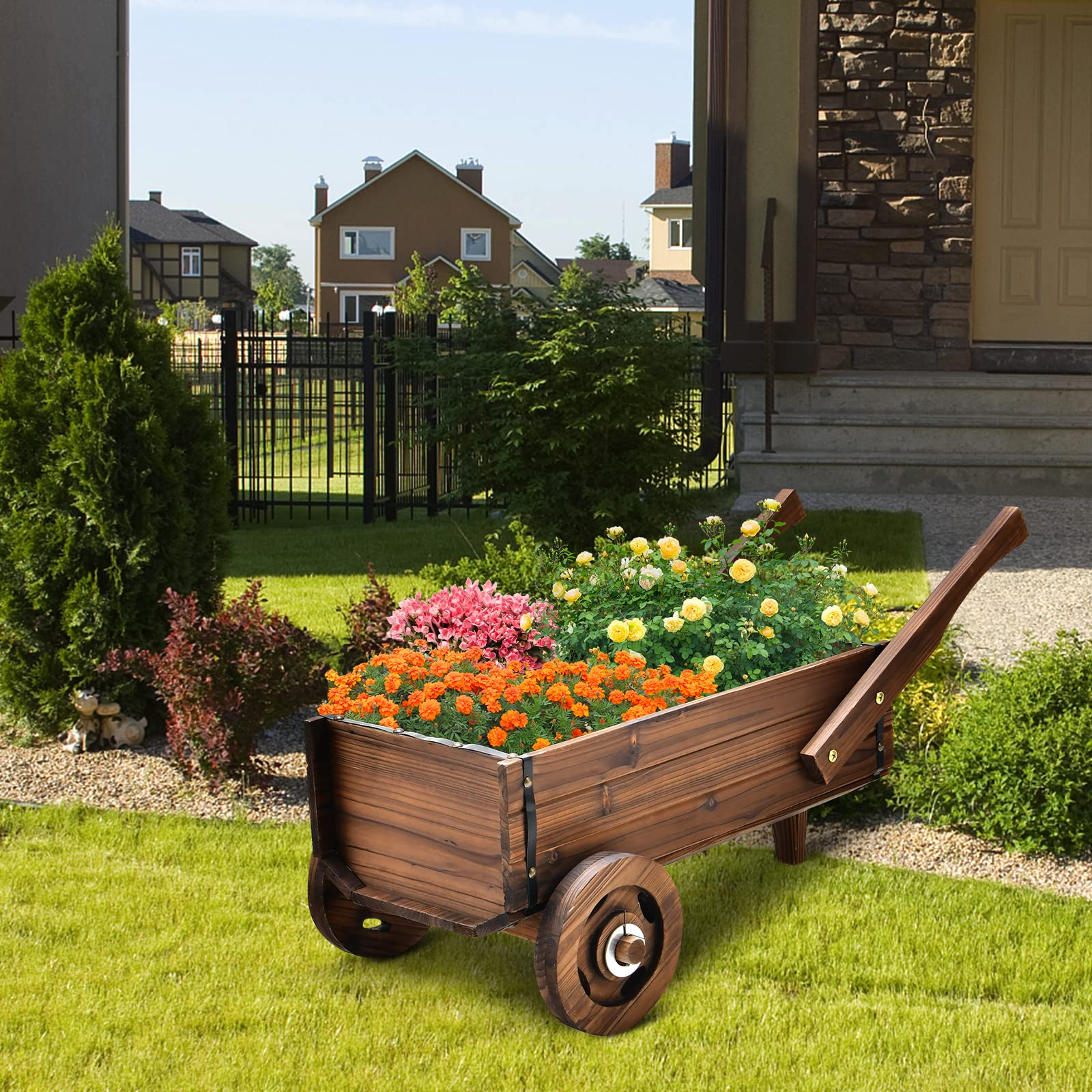 Giantex Wooden Wagon Planter Box, Decorative Wagon Cart with Wheels, Handles 