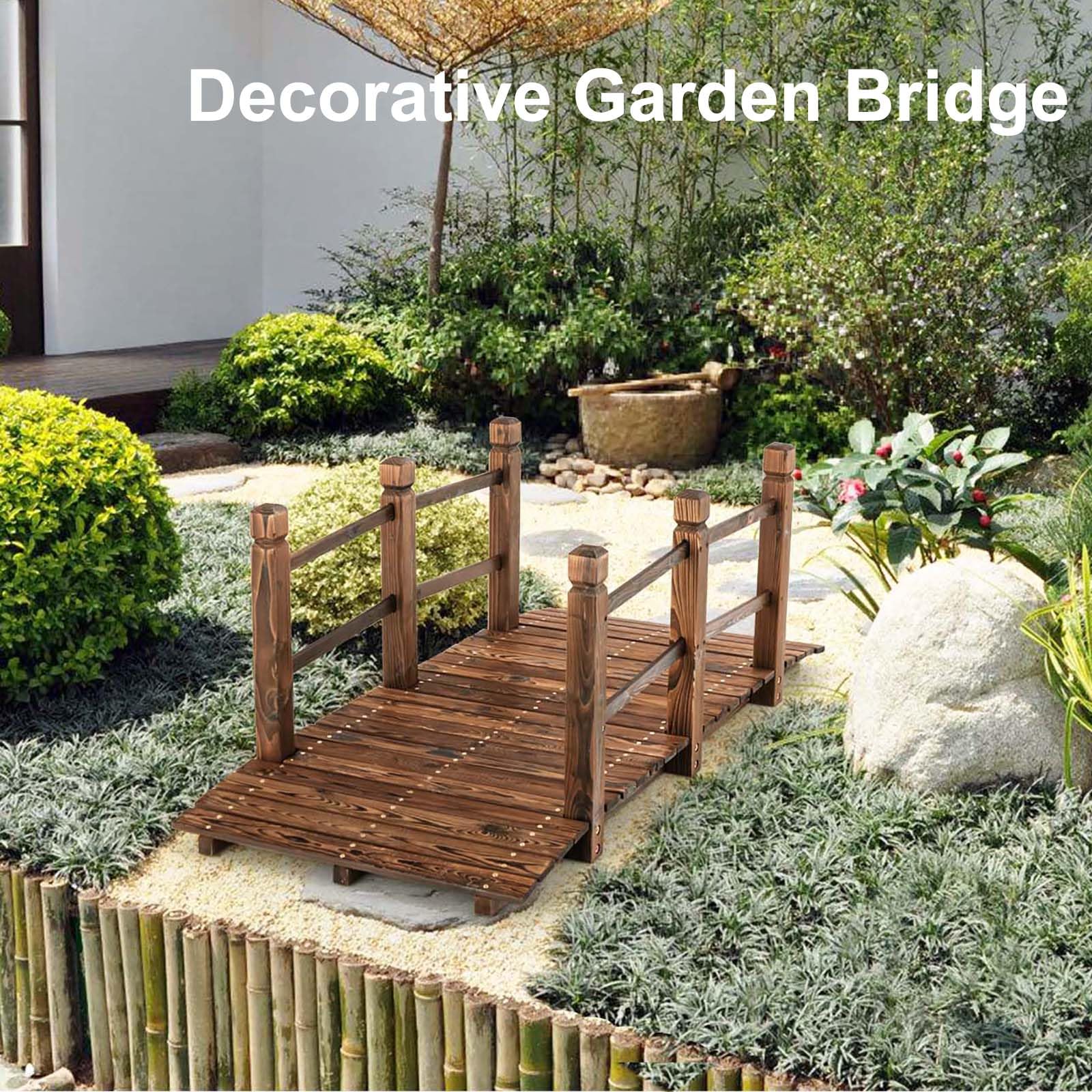 Giantex 5 ft Garden Bridge - Stained Wood Arc Footbridge Walkway