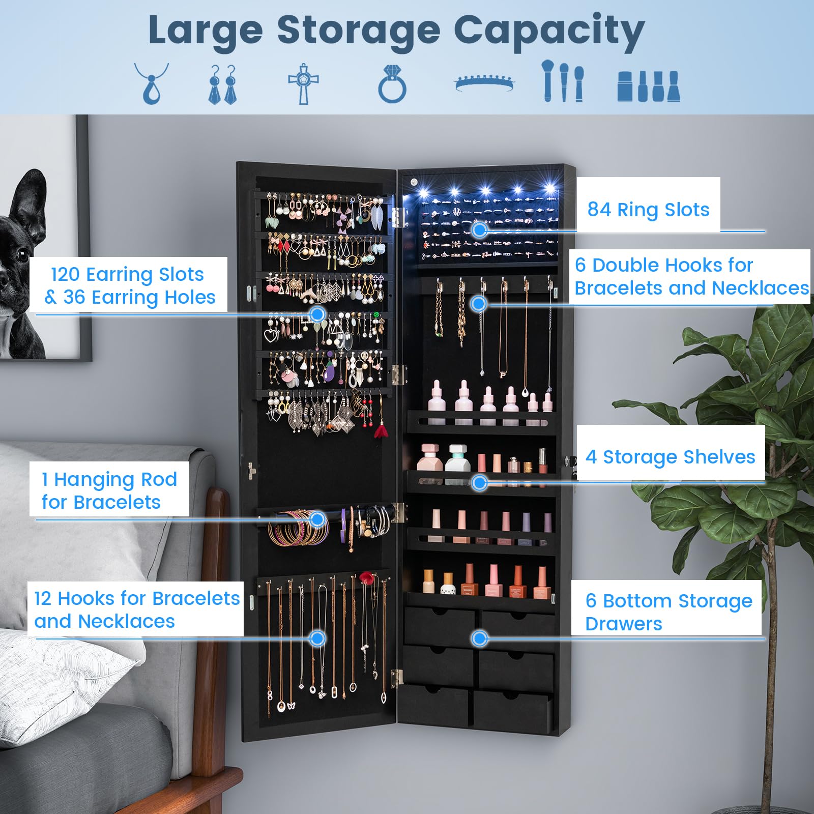 CHARMAID 5 LEDs Mirror Jewelry Armoire Wall Mounted Door Hanging, Lockable Jewelry Cabinet with 47.5"H Full Length Mirror 