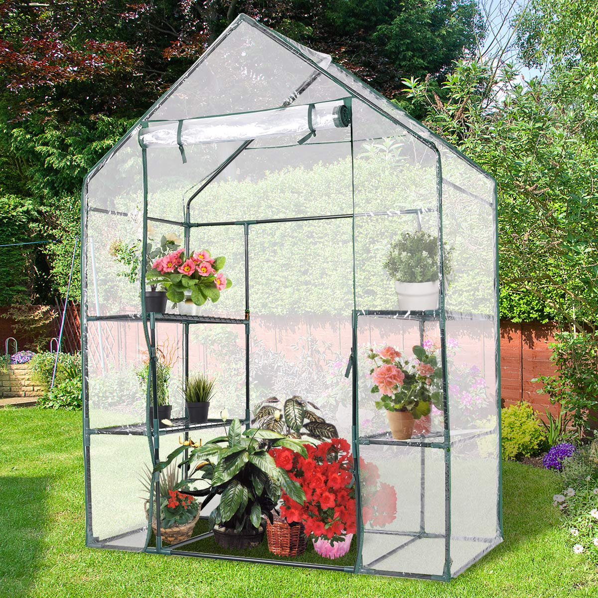 Giantex Greenhouse Outdoor Large Walk-in Plant Green House with 3 Tier Shelves for Plants 