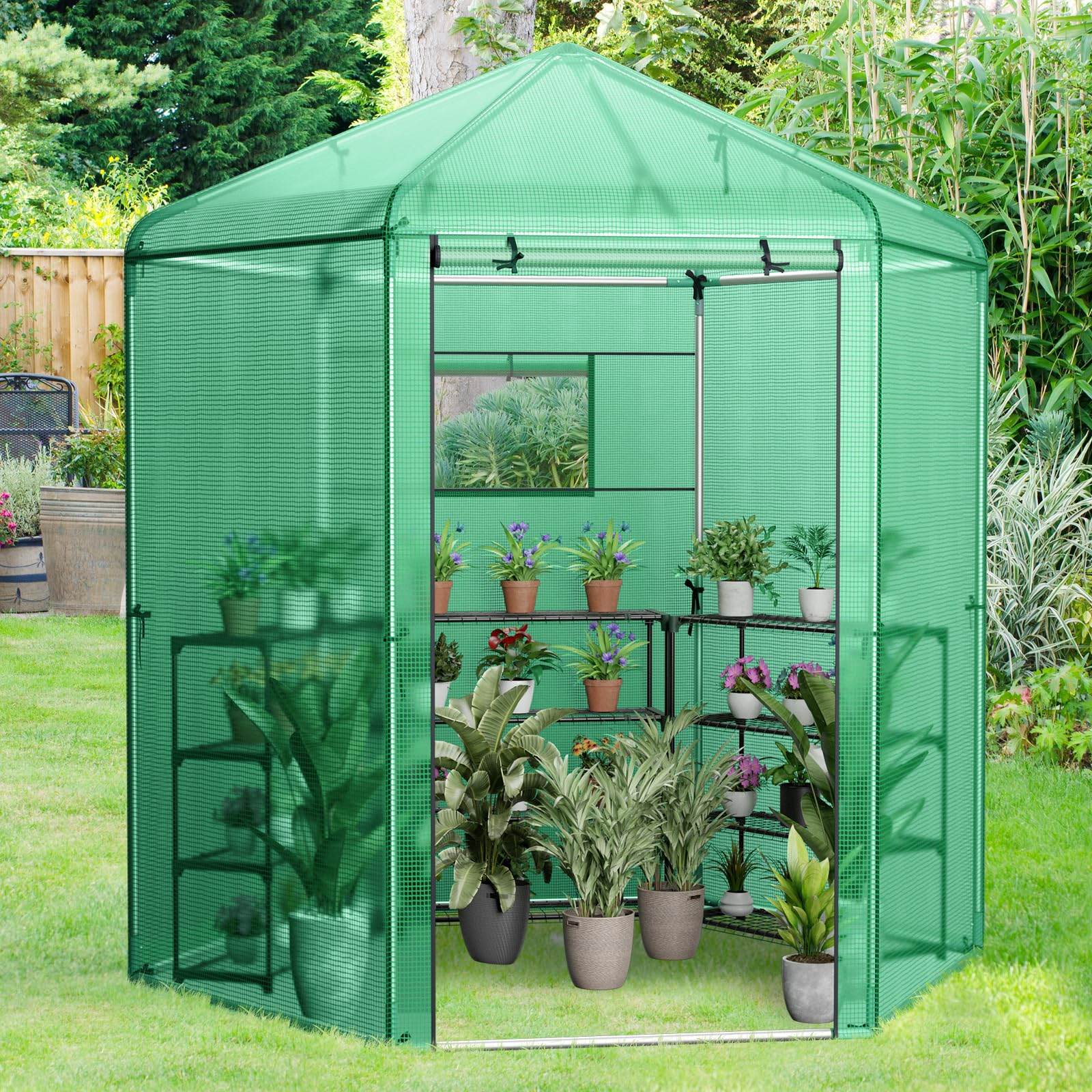 Giantex 7 x 6 x 7.5 FT Greenhouse, Large Hexagonal Walk in Greenhouse Outdoor with Heavy-Duty Metal Frame 