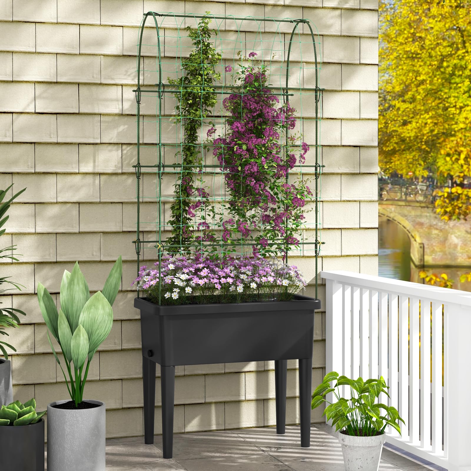 Giantex Raised Garden Bed with Climbing Trellis, Self-Watering Elevated Planter 