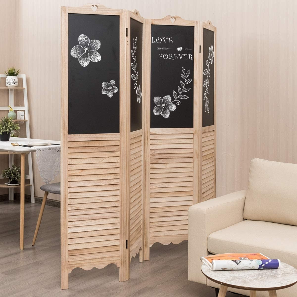 Giantex 5.7 Ft Folding Screen, 4 Panel Screen Room Divider w/ Chalkboard Panels (Natural) 