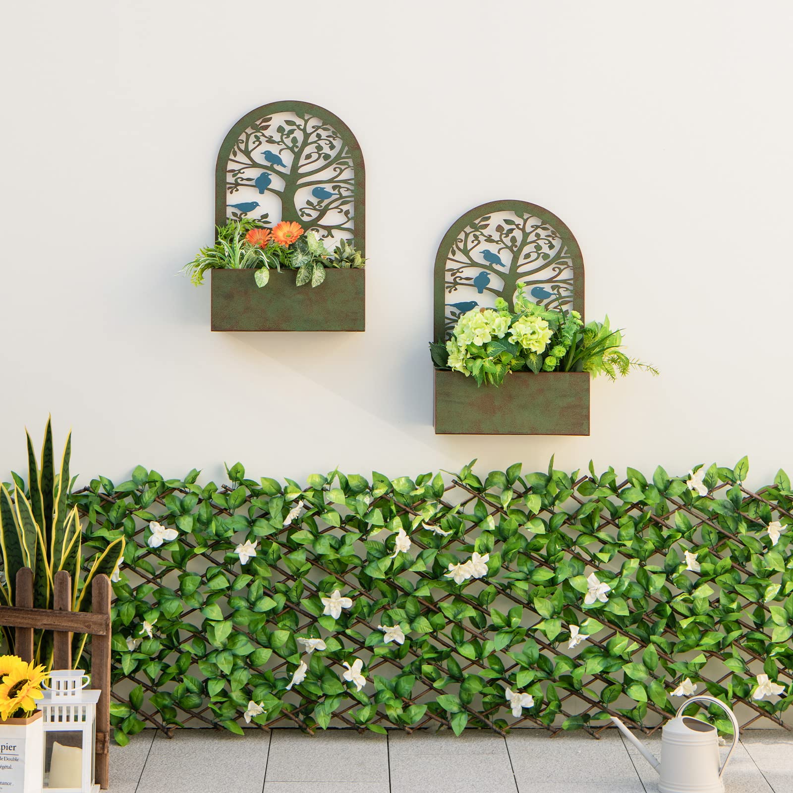 Giantex Raised Garden Bed Set of 2 - Wall-Mounted & Freestanding Decorative Planter Boxes with Trellises 