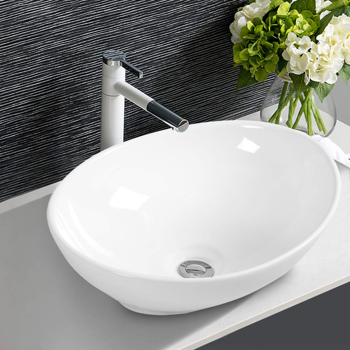 Giantex Vessel Sink 16x13 Inch Basin Porcelain W/Pop Up Drain Oval Bathroom Ceramic Sink Bowl 