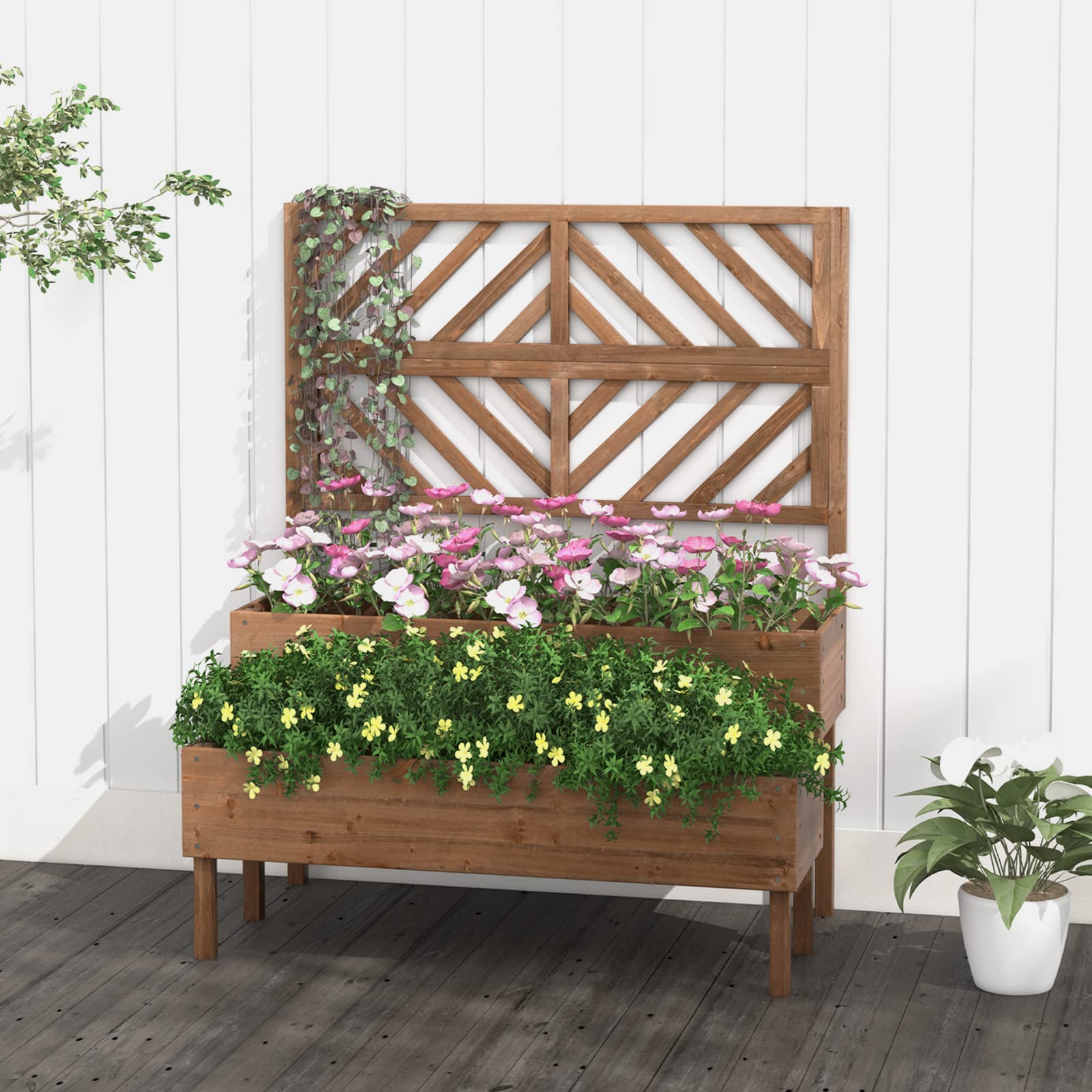 Giantex Raised Garden Bed with Trellis, 2-Tier Wooden Planter Box with Legs and Drain Holes (Brown) 