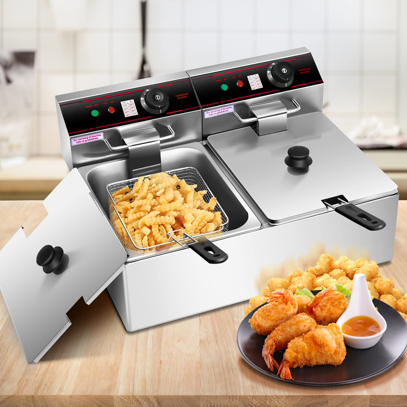 Giantex 3400W Commercial Deep Fryer Dual Tank, 12.8QT Stainless Steel Electric Deep Fryer with 2 Baskets 