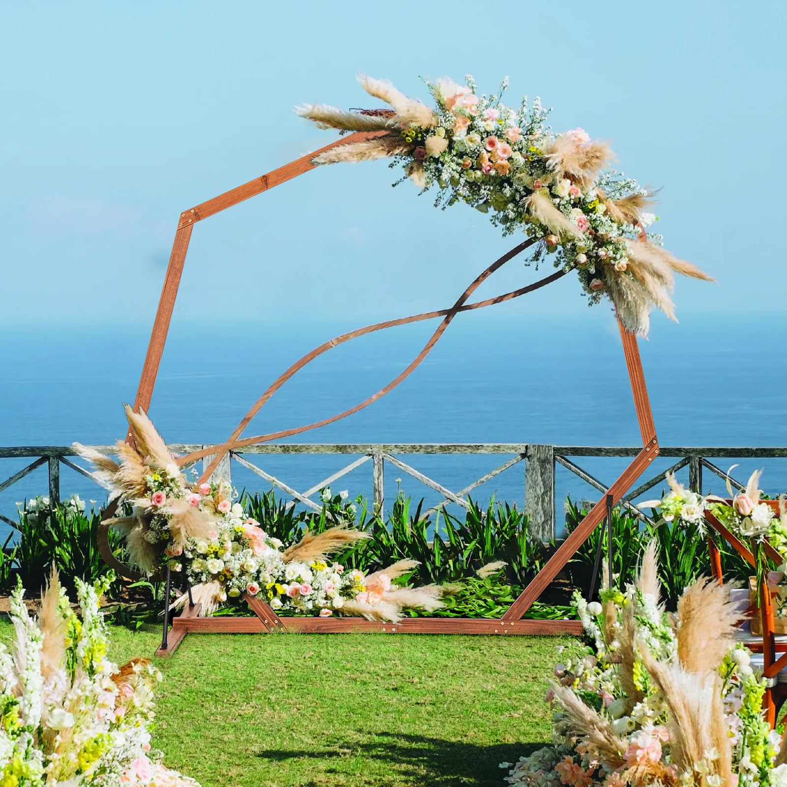 Giantex Wooden Wedding Arch for Ceremony, 7 FT Heptagon Solid Wood Arbor for Wedding Backdrop Stand 