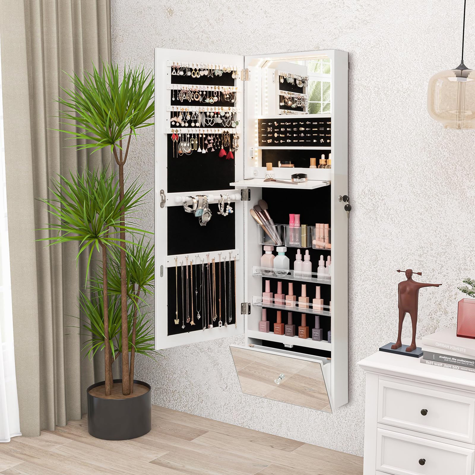CHARMAID Jewelry Cabinet Wall Mounted, 47.2" Full Length Mirror, Lockable Jewelry Armoire with Tip out Storage Drawer 