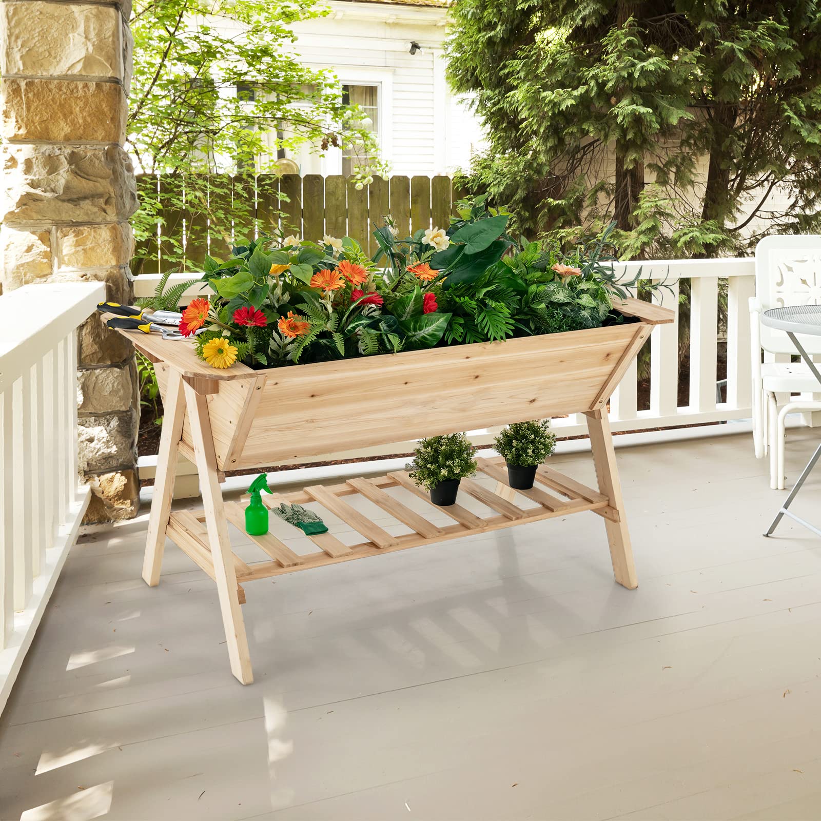 Giantex Plant Raised Bed 2 Tiers Garden Bed, Outdoor Fir Wood Plant Container with Storage Shelf 