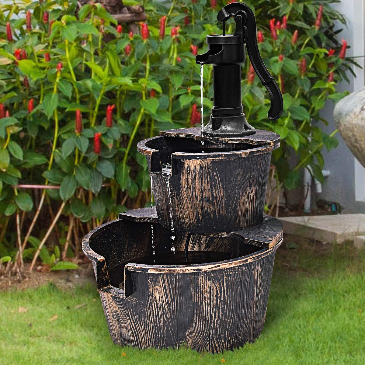 Giantex 2-Tier Rustic Barrel Waterfall Fountain with Pump