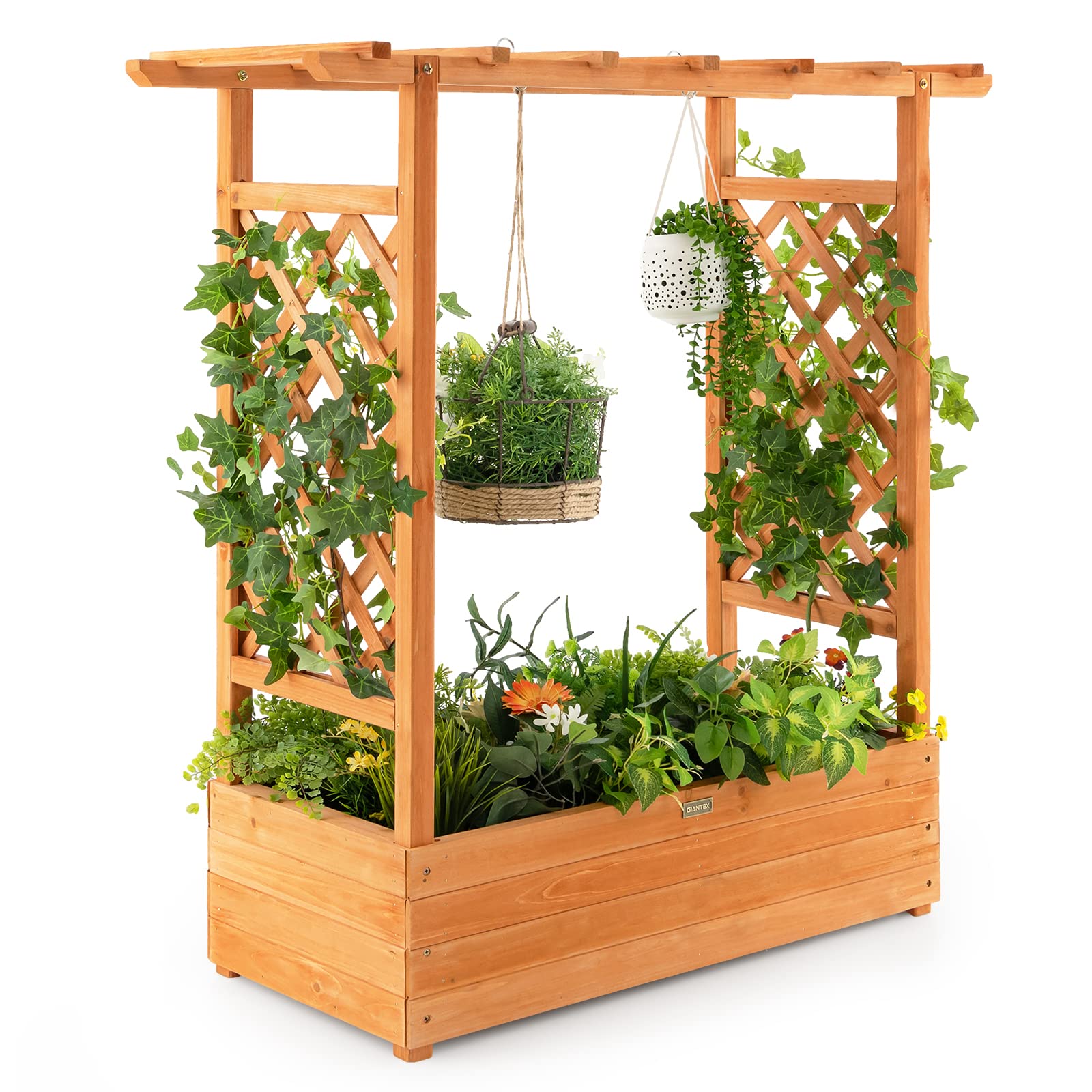 Giantex Raised Garden Bed with Trellis, Wood Planter Box with Roof & Side Trellis, Drain Holes 