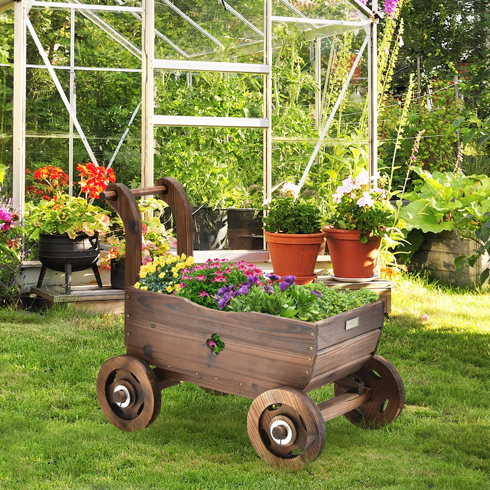 Giantex Wooden Wagon Planter Raised Bed on Wheels, Handle, Drainage Hole 