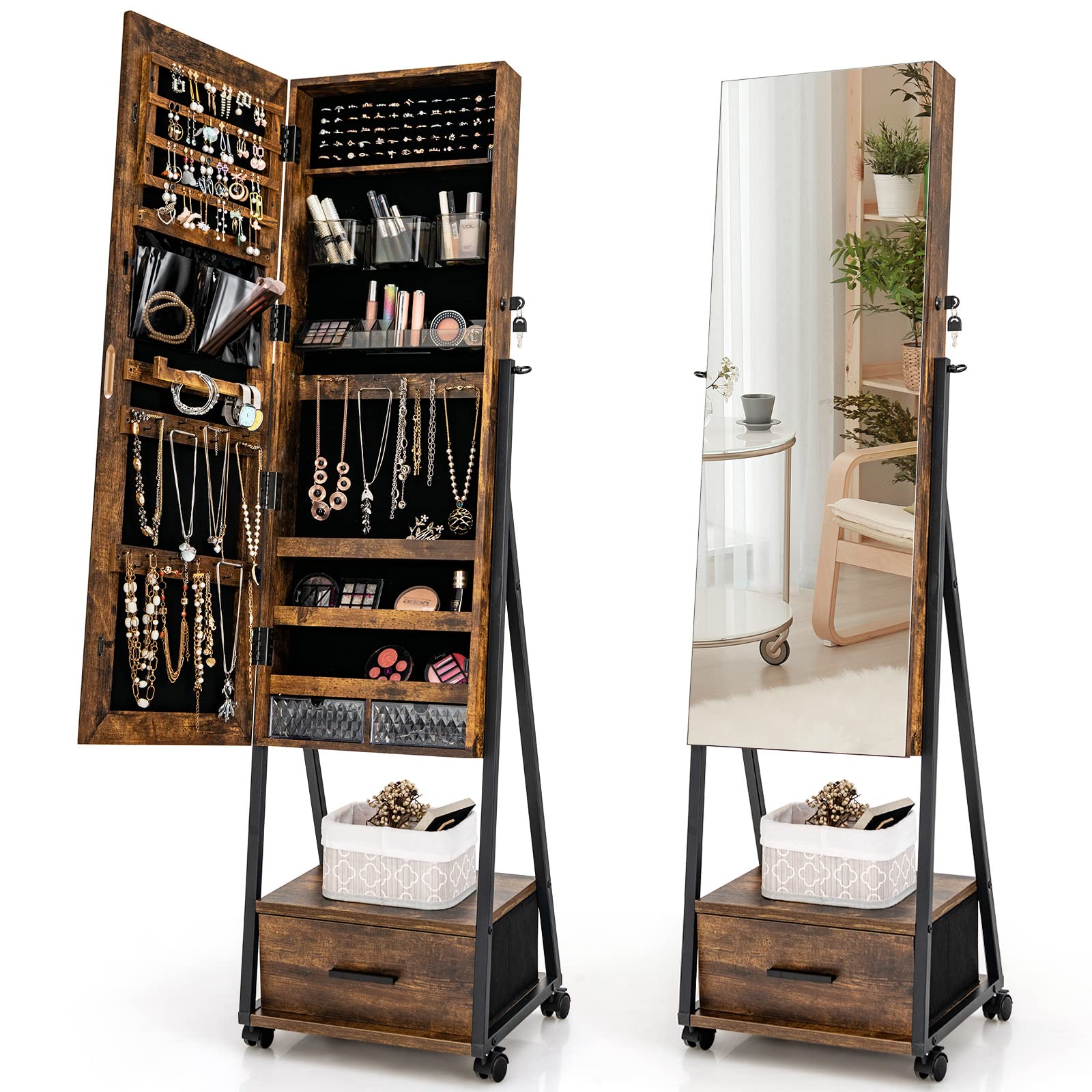 CHARMAID Rolling Jewelry Cabinet with Full Length Mirror, Lockable Standing Jewelry Armoire with Wheels 