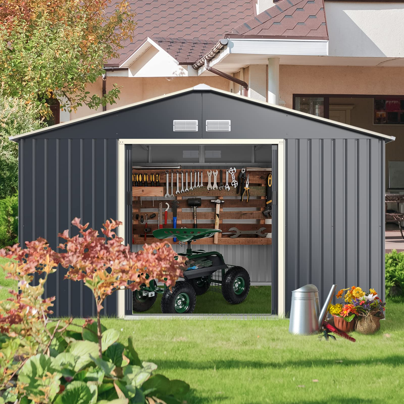 Outdoor Storage Shed with Double Sliding Door