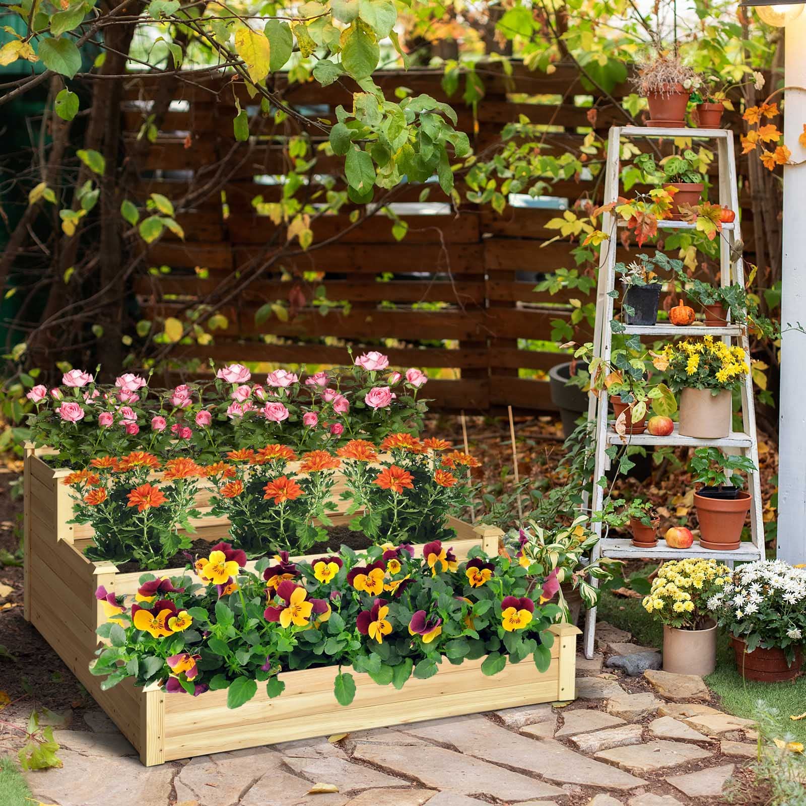 Giantex 3 Tier Raised Garden Bed, Wood Planter Box 48 x 48 x 22 Inch Vegetable Flower Herb Fruit Growing Bed Kit 