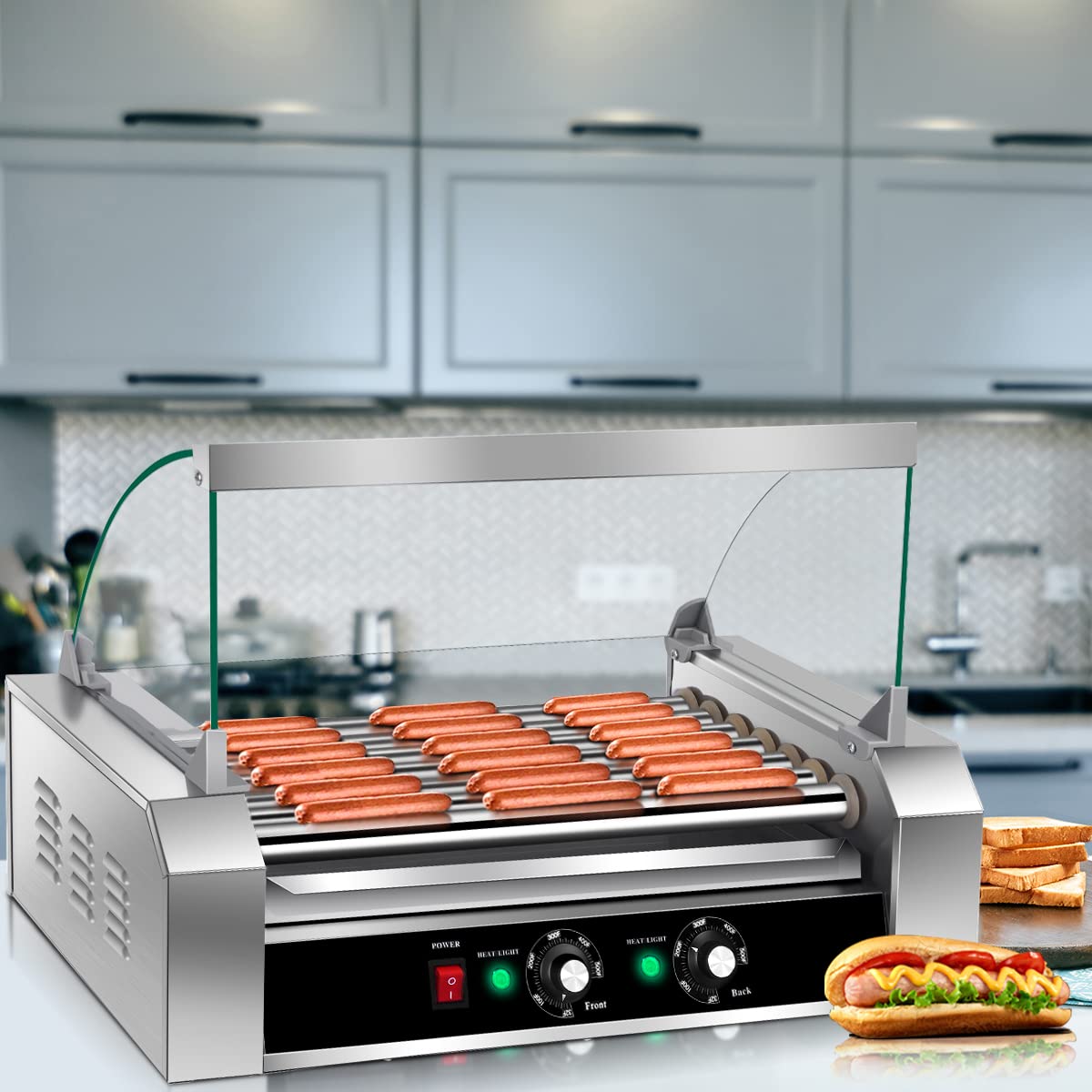 Giantex 7 Non-Stick Rollers 18 Hot Dog Sausage Grill Cooker Machine with Removable Stainless Steel Drip Tray and Glass Hood Cover 