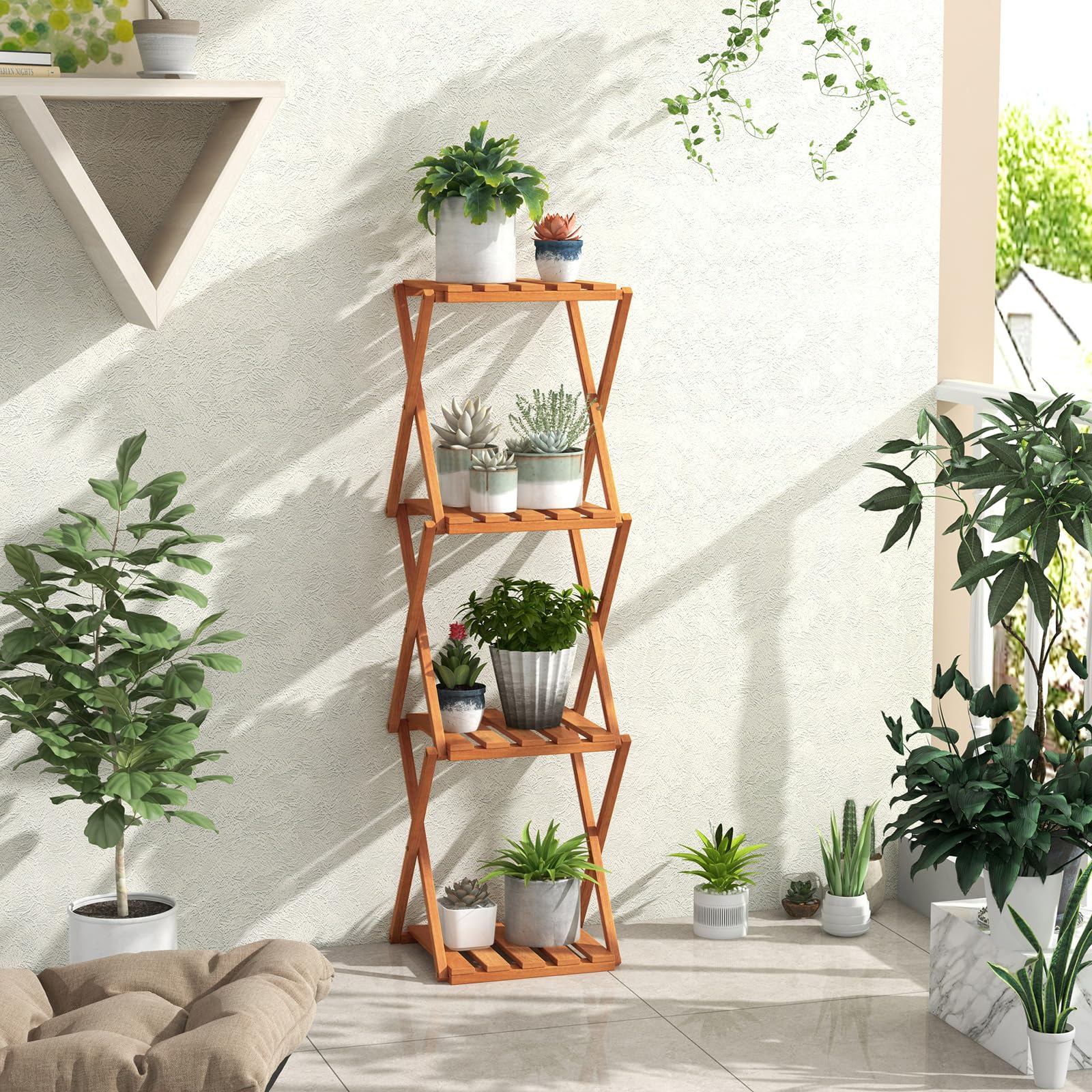 Giantex 4-Tier Foldable Plant Stand, Wooden Folding Display Rack with Sturdy X-shaped Structure