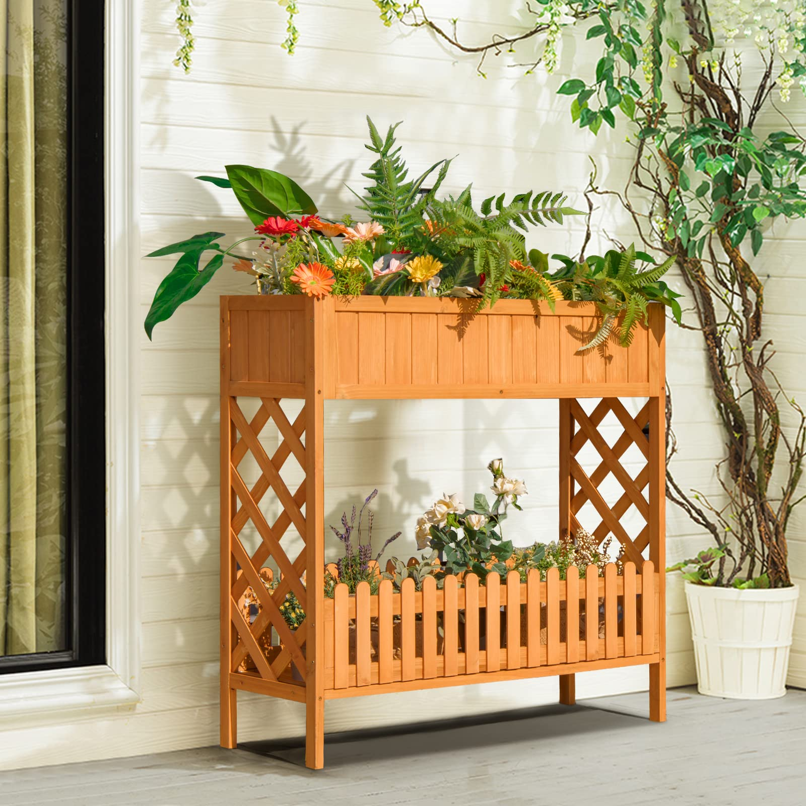 2-Tier Wood Potted Plant Rack with Fence 