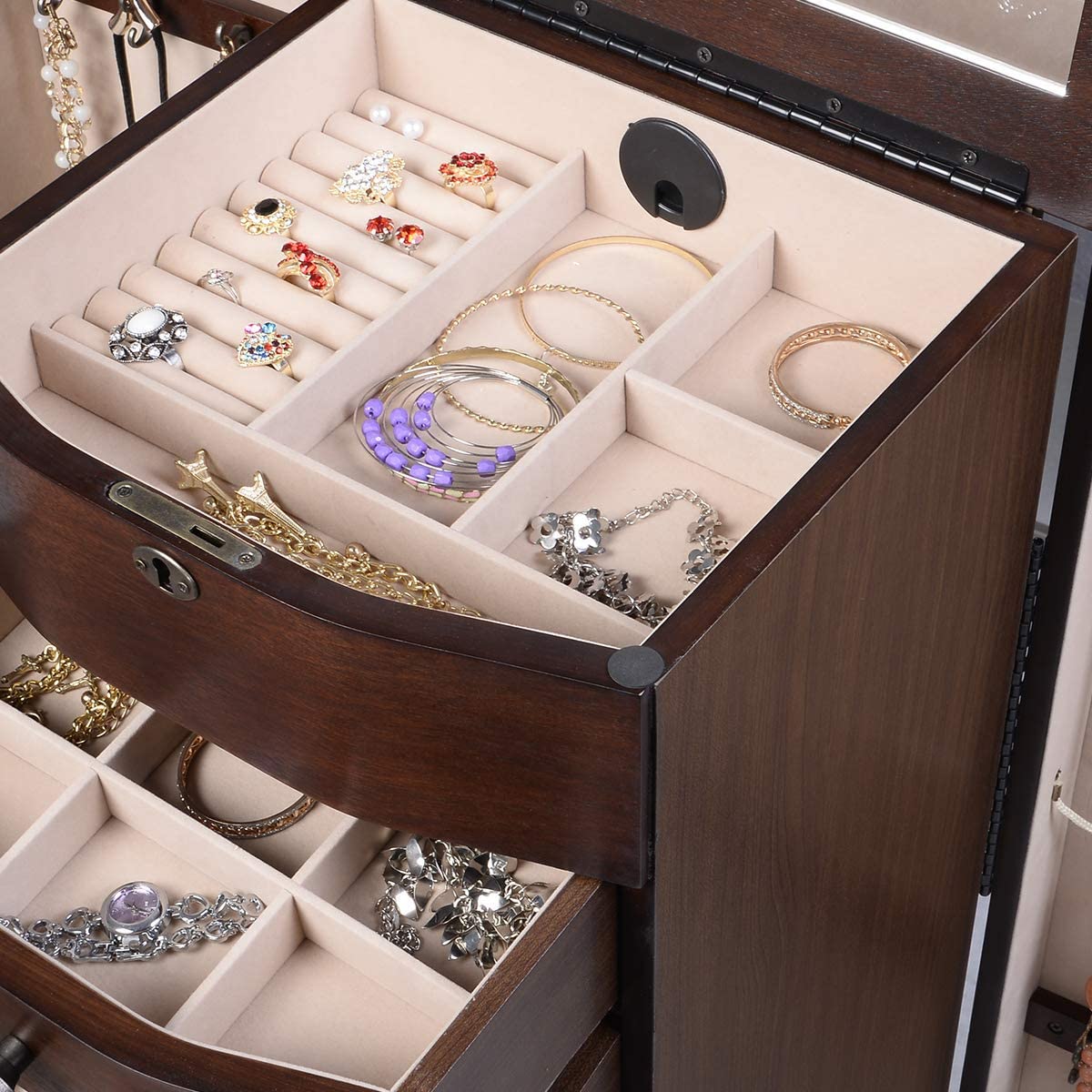 Large Jewelry Armoire Cabinet with 8 Drawers & 2 Swing Doors 16 Hooks Top Mirror Boxes 
