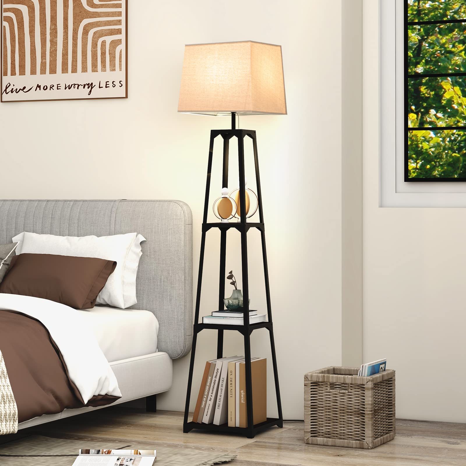 Giantex Shelf Floor Lamp - 3-Tier 63" Tall Modern Corner Standing Lamp with Linen Lampshade