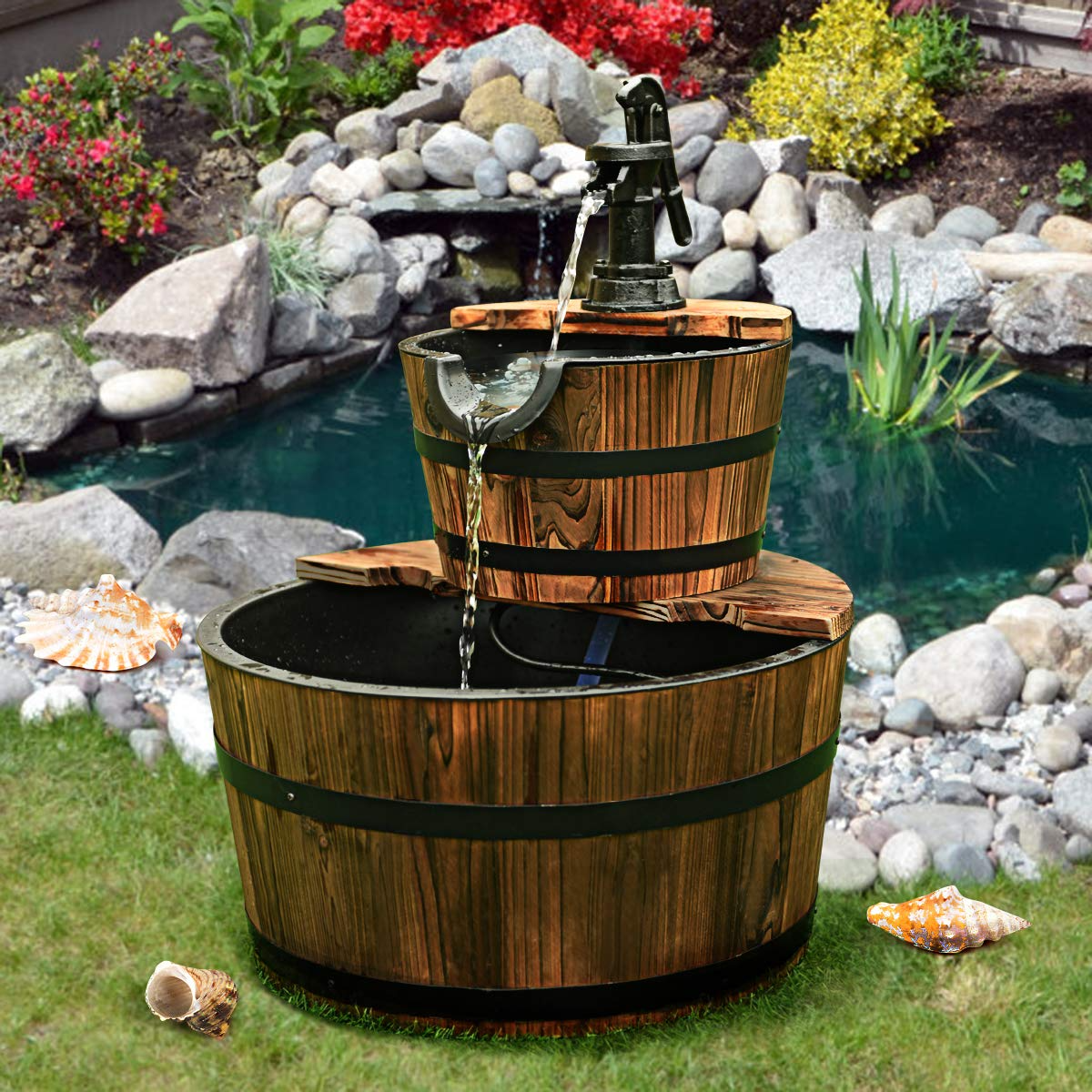 Giantex 2-Tier Barrel Waterfall Fountain with Hand Pump