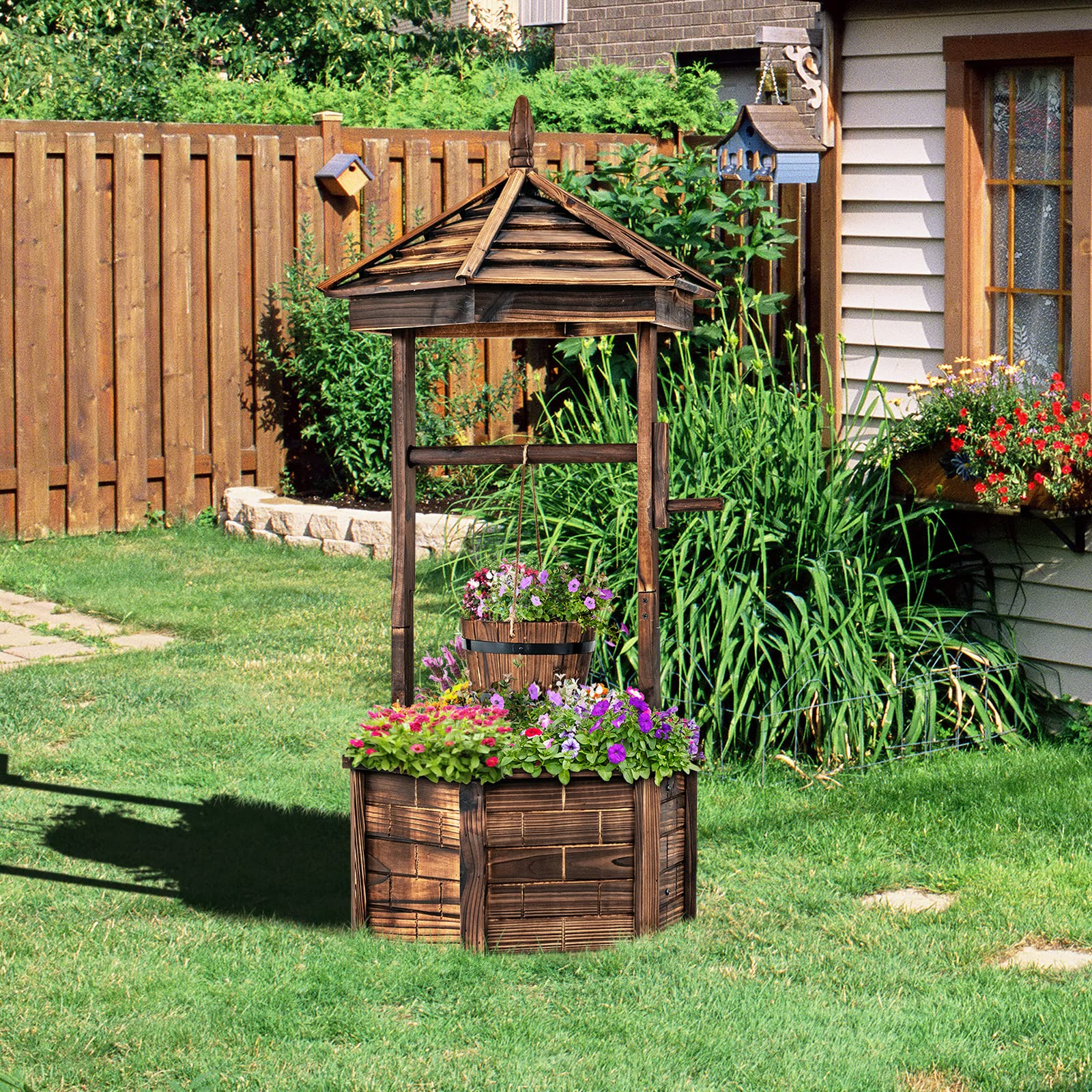 Giantex Rustic Wooden Wishing Well Planter with Hanging Bucket, Roof Shadow