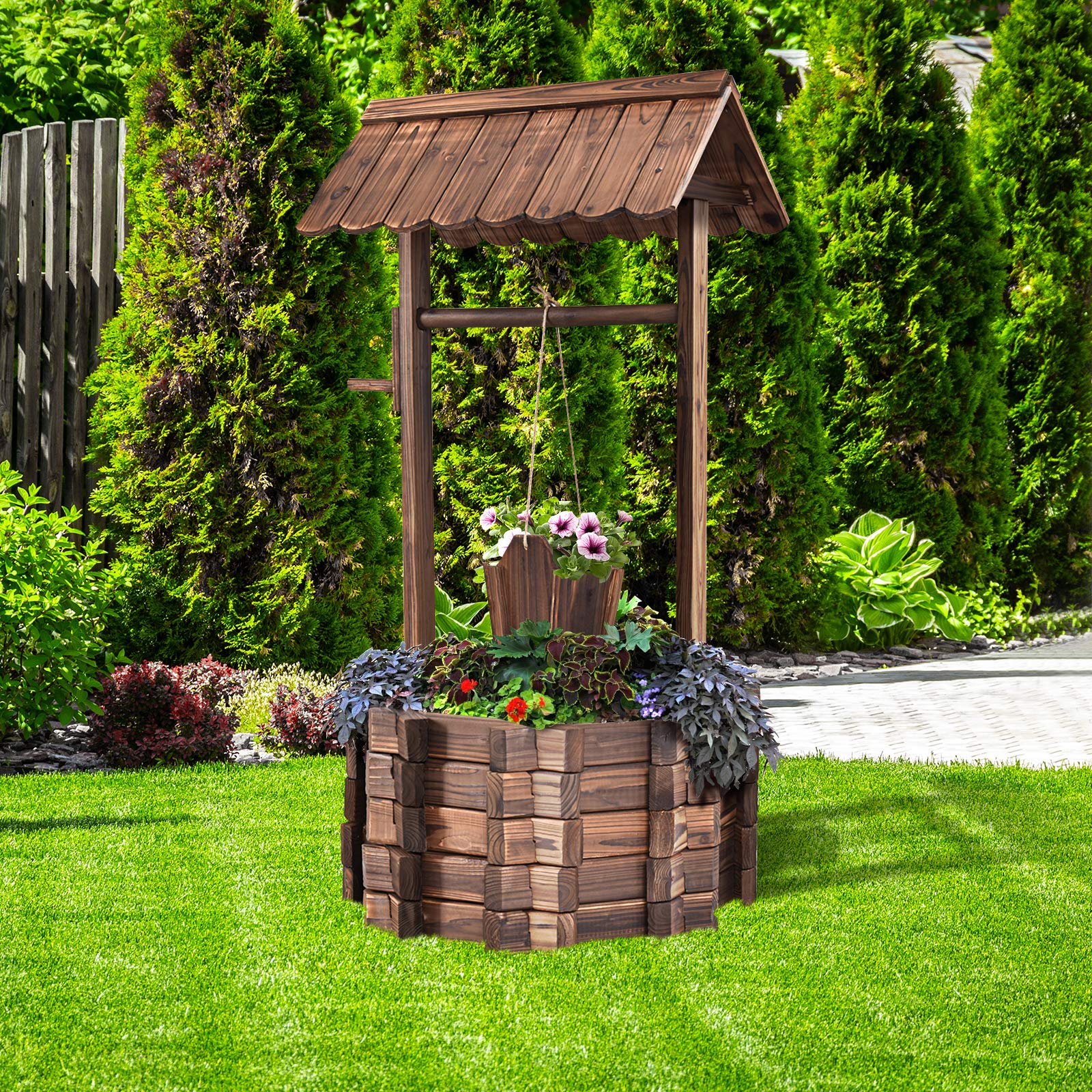 Giantex Outdoor Wooden Wishing Well with Hanging Bucket