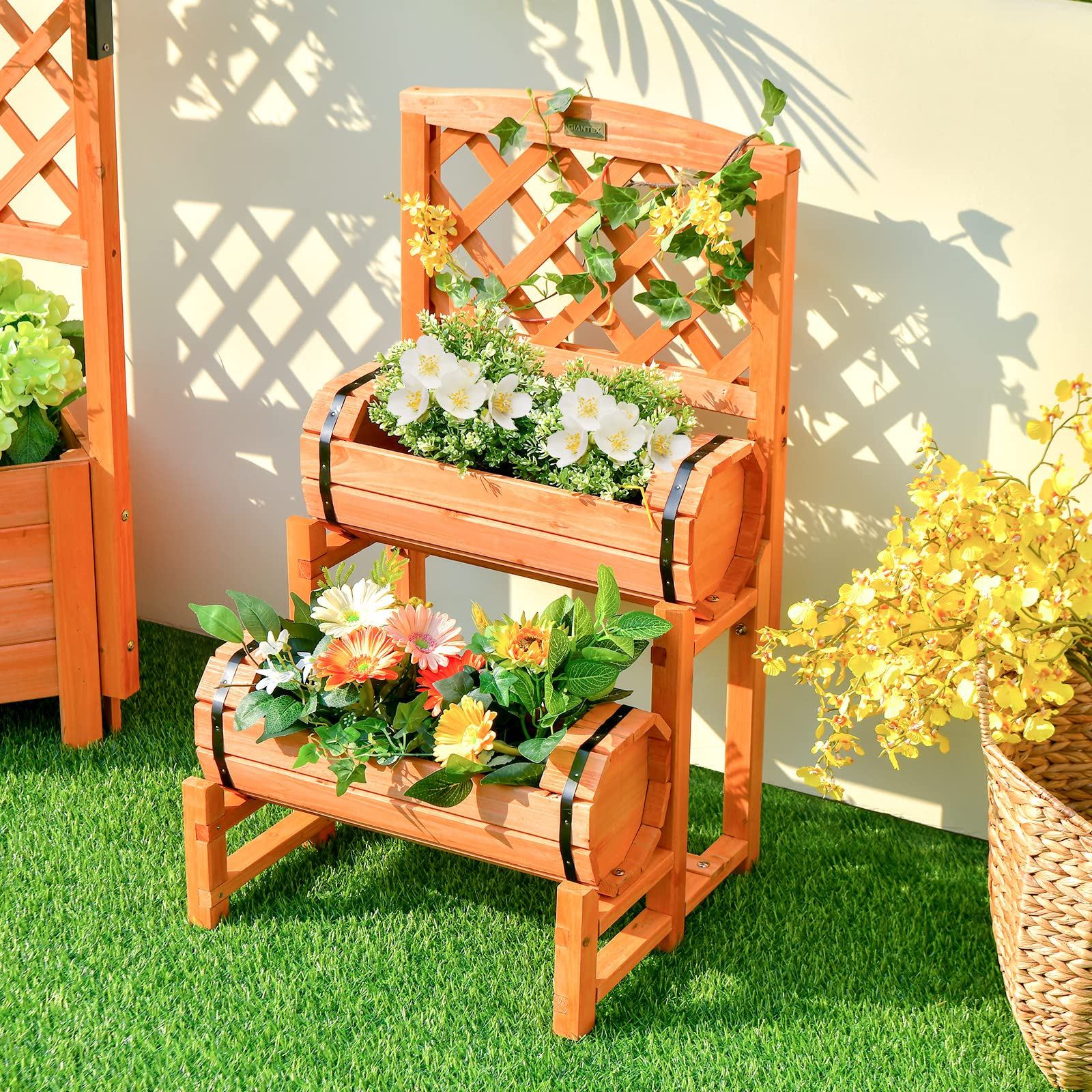 Giantex Raised Garden Bed with 2 Barrel Planters & Trellis, 2-Tier Freestanding Wooden Raised Bed for Vegetable Flower Fruit 