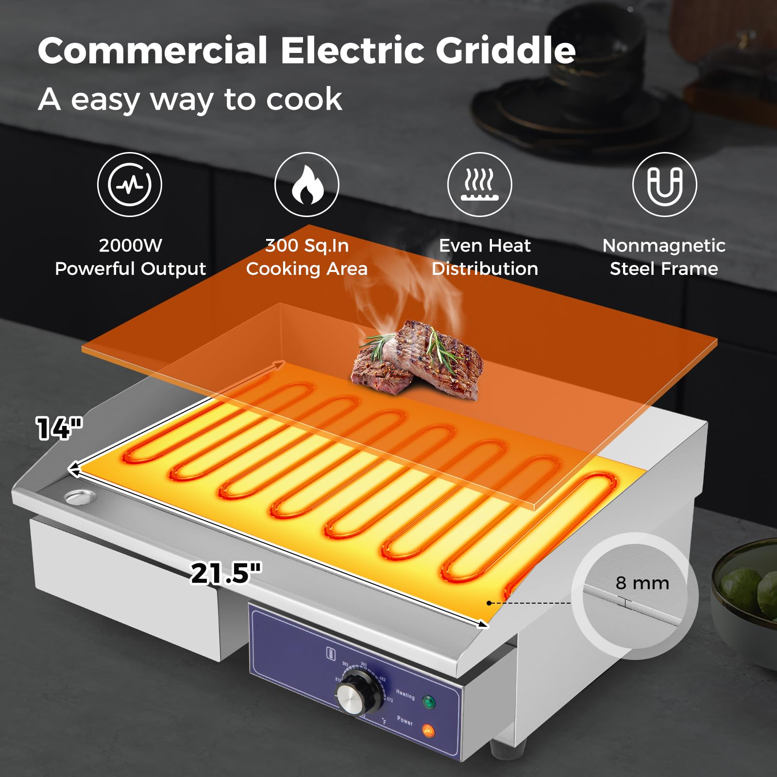 Giantex Commercial Electric Griddle 22" - 110V 2000W Countertop Griddle with Cast Iron Griddle Plate & Stainless Steel Frame 