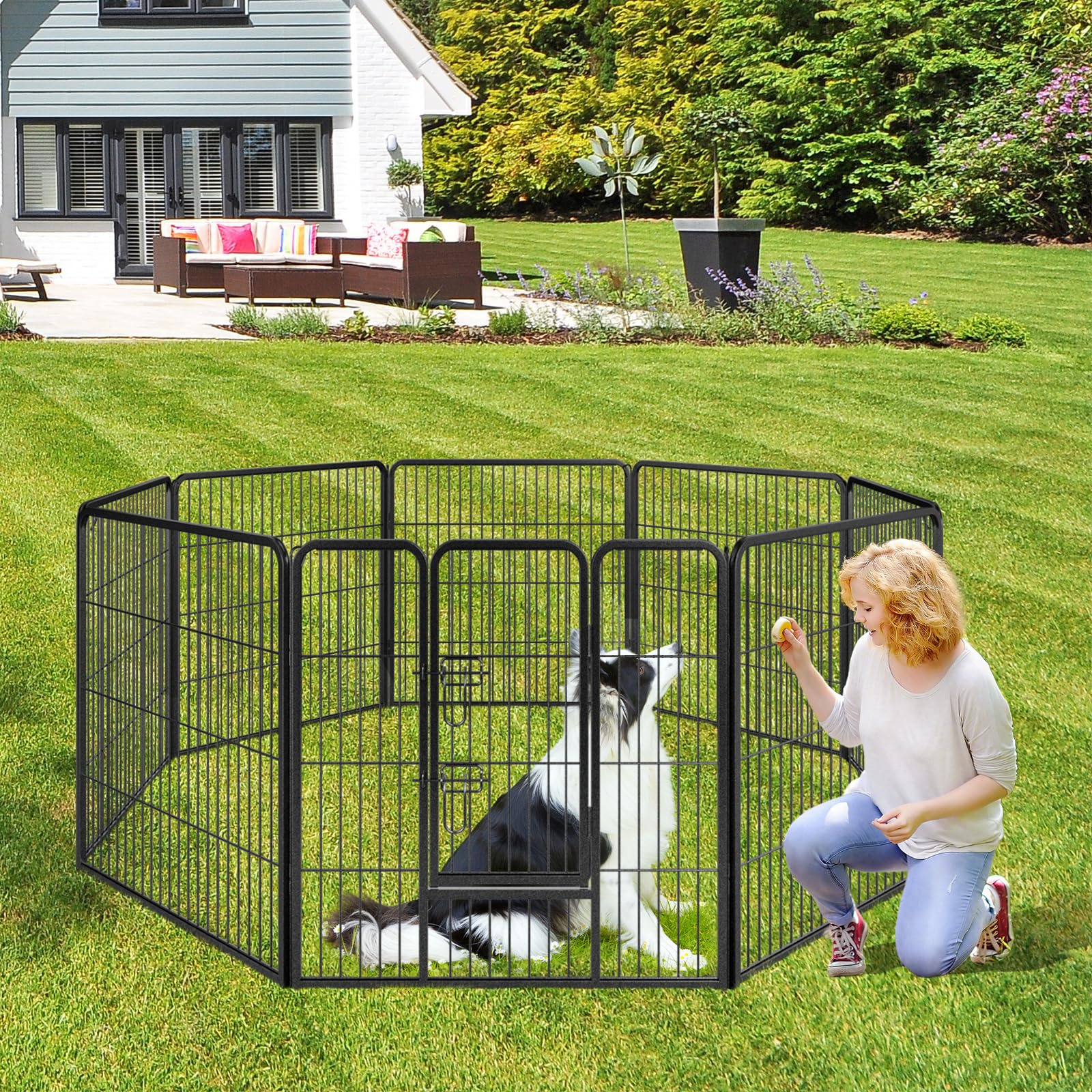 Giantex Dog Playpen Outdoor 32" H - 8/16 Panels Metal Pet Fence for Medium Dogs, Heavy Duty Dog Pen Exercise Fence with Door 