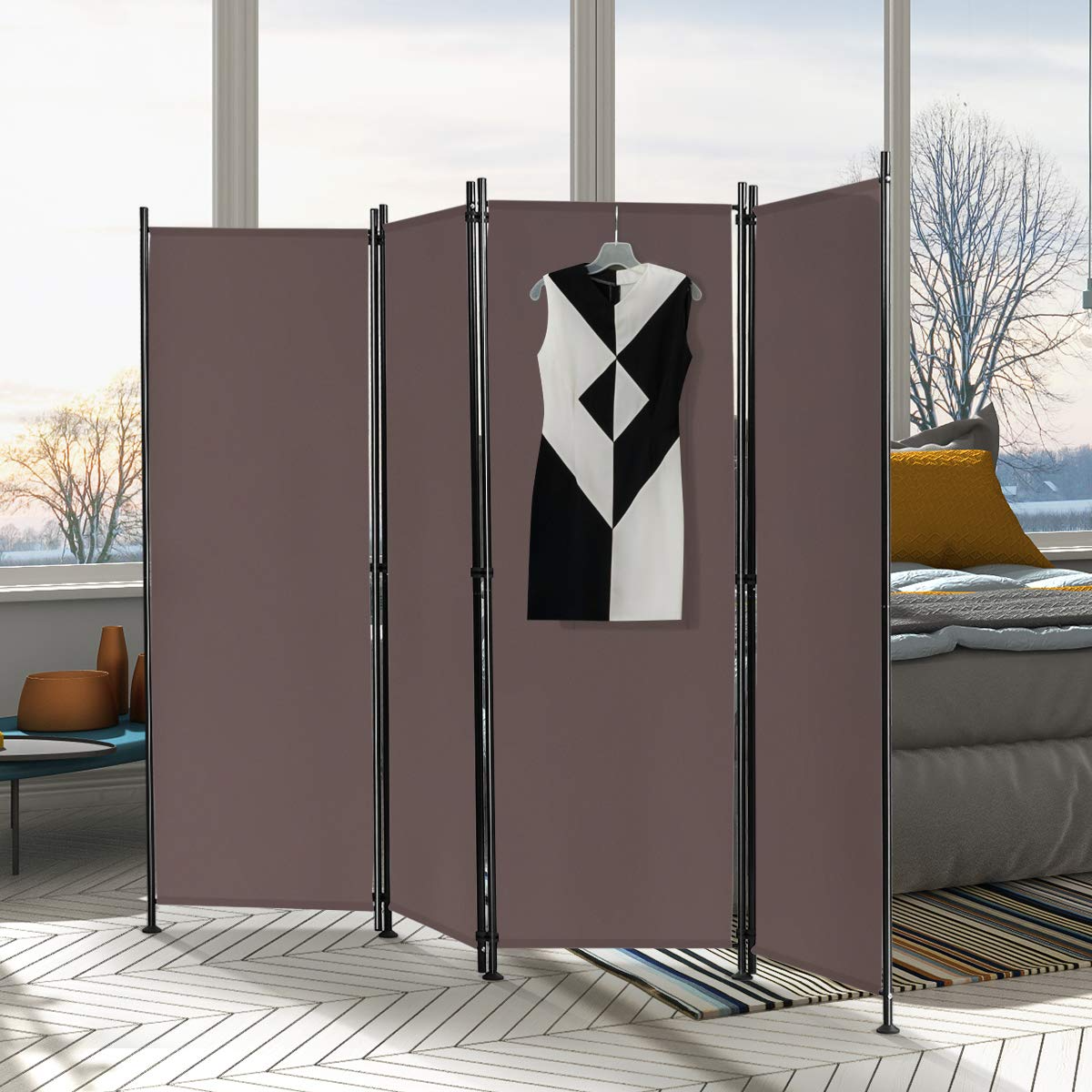 Giantex 4 Panel Room Divider, 5.6 Ft Folding Privacy Screen with Adjustable Foot Pads (Coffee)