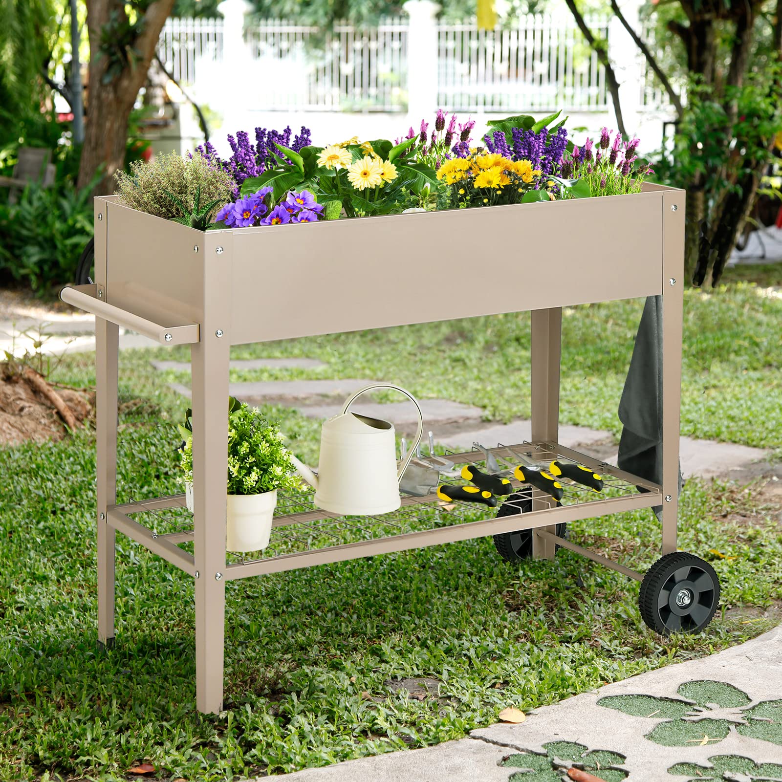Giantex Raised Garden Bed with Legs, Metal Planter Box with Wheels, Storage Shelf (Light Brown) 