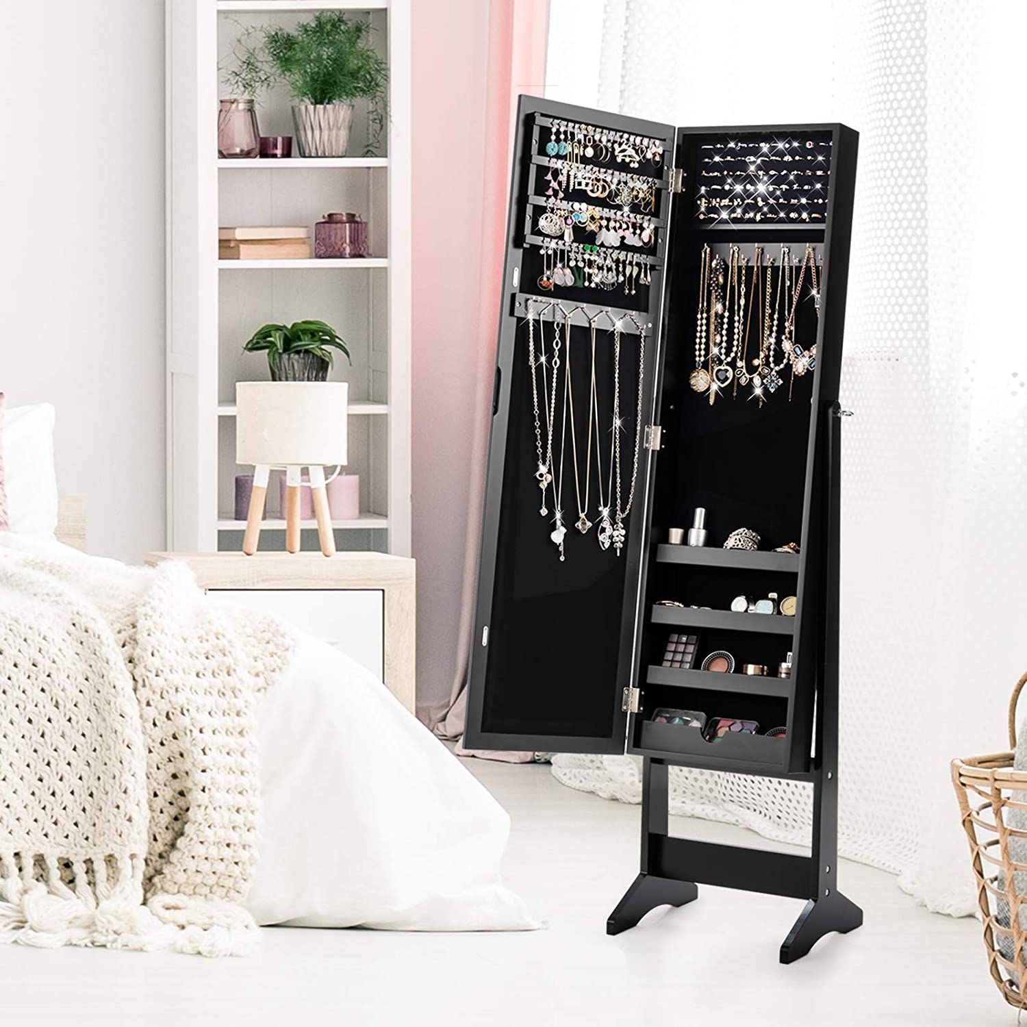 Jewelry Cabinet with Full-Length Mirror, Standing Jewelry Armoire Organizer