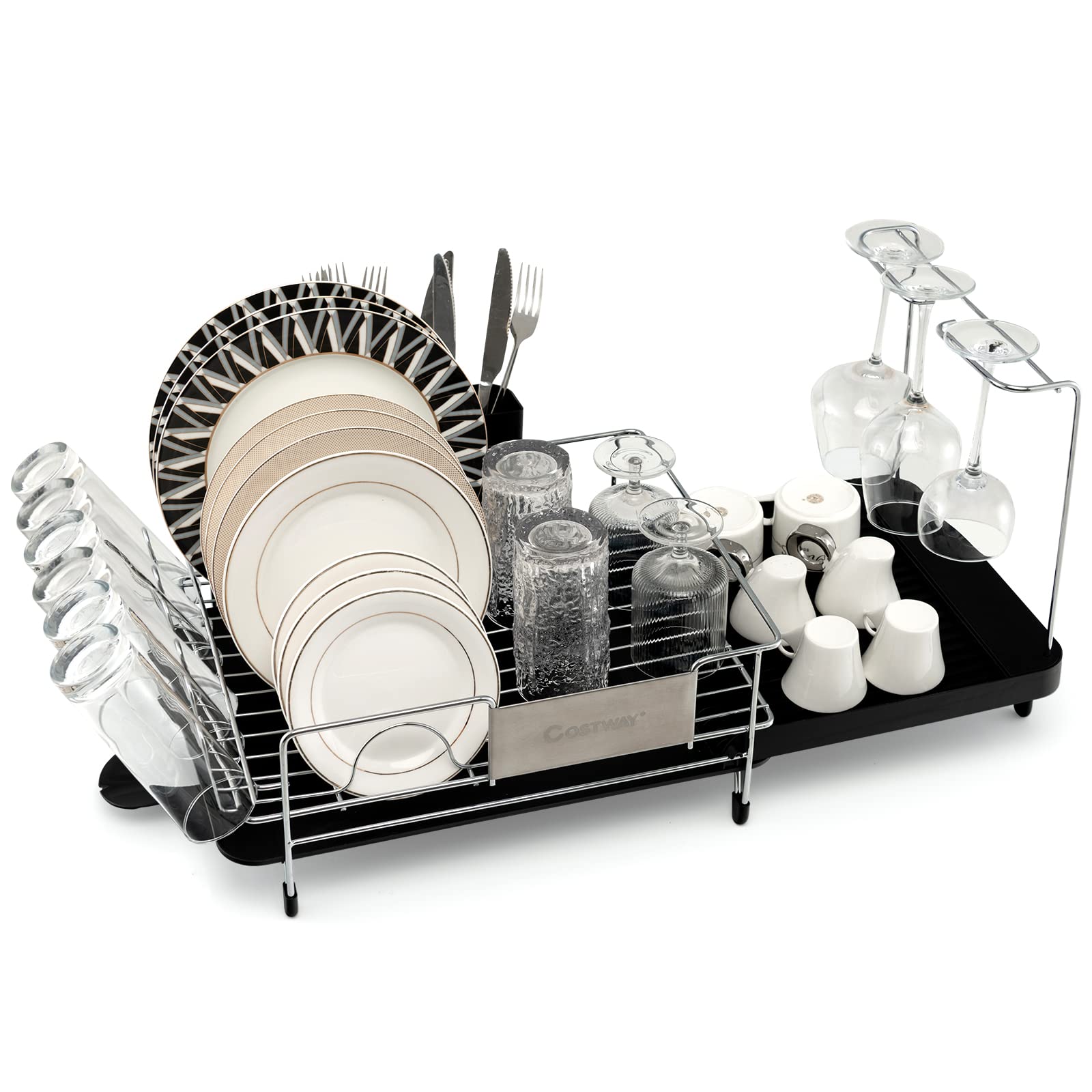 Giantex Stainless Steel Dish Rack, Expandable Dish Drainer Rack with Cutlery Cup Glass Holder 
