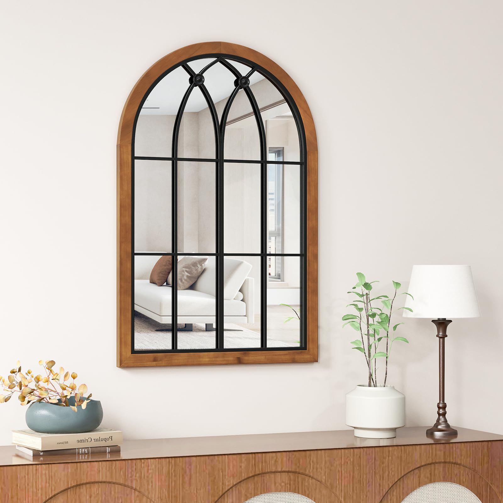 CHARMAID Arched Window Wall Mirror, 36''L x 24''W Farmhouse Accent Mirror 