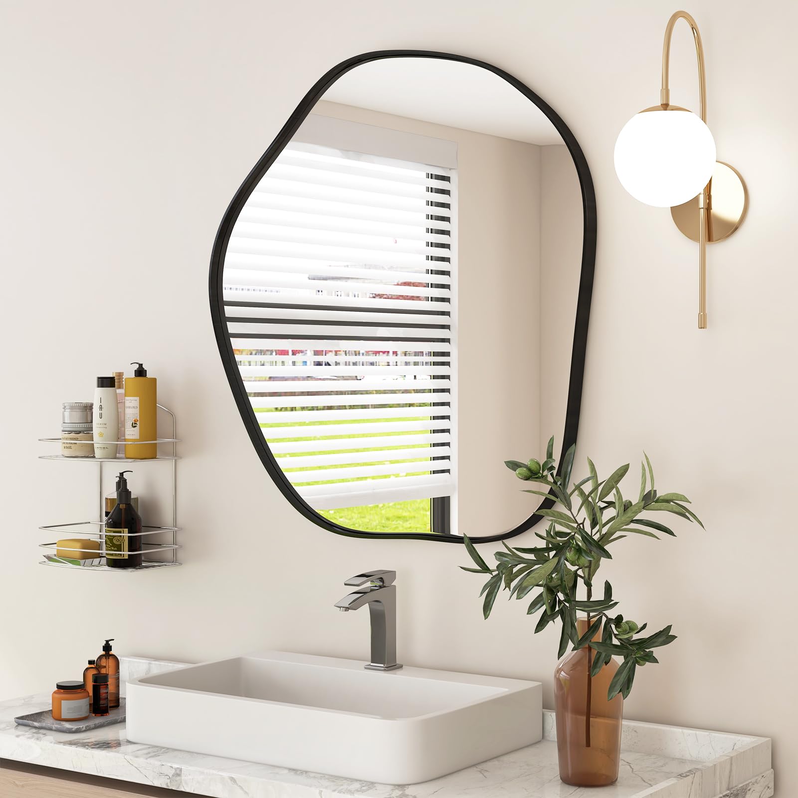 CHARMAID Irregular Wall Mirror, Asymmetrical Mirror Wall Mounted with Metal Frame and Wood Back Broad 