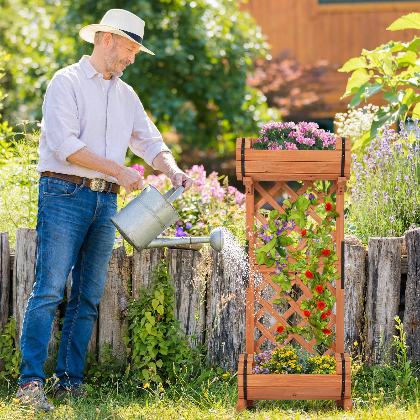 Giantex Raised Garden Bed with 2 Barrel Planters & Trellis 