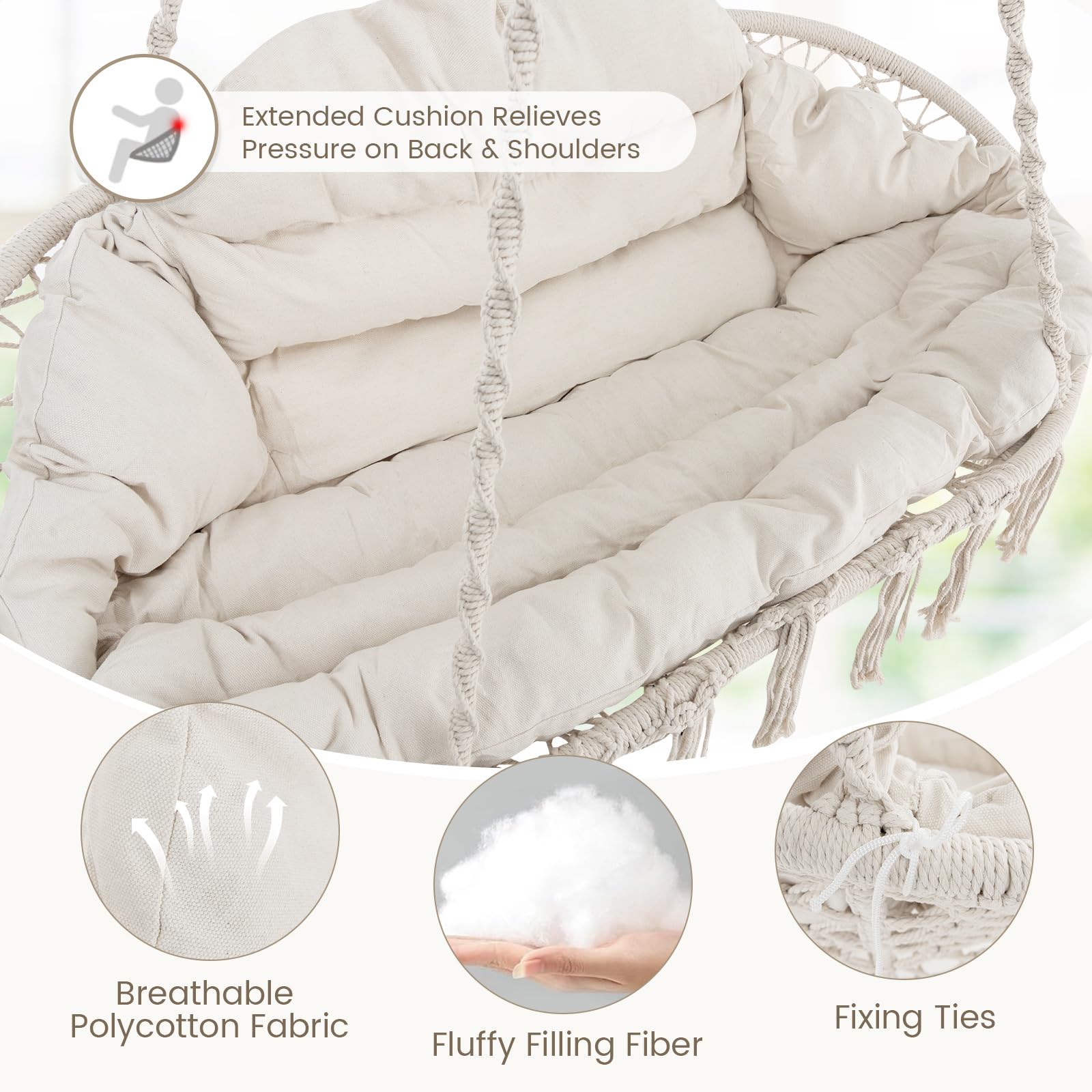Giantex Hammock Chair, Macrame Hanging Chair with Removable Cushion, Max 440 lbs, Swinging Chair, Beige 