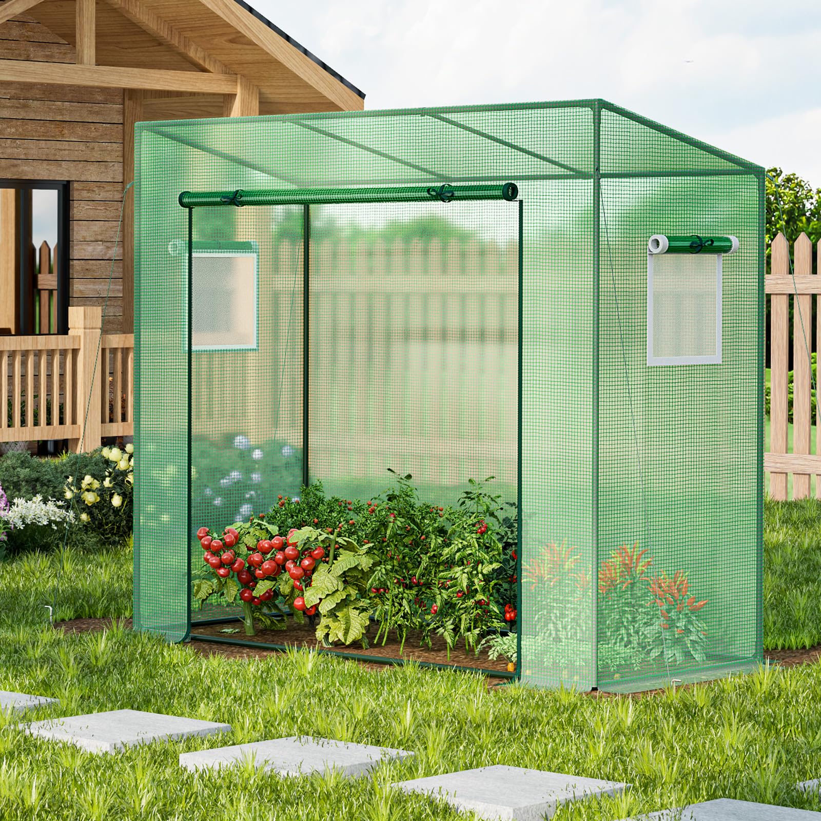 Giantex Walk-in Greenhouse, 4 Ground Stakes & Ropes, Outdoor Portable Mini Greenhouse w/ PE Cover 