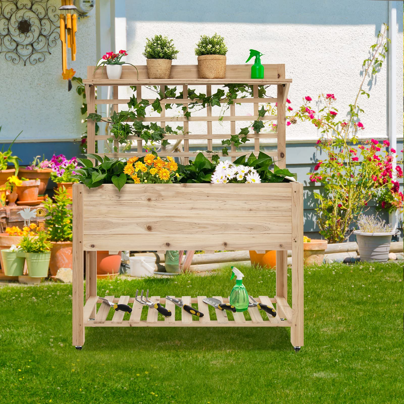 Giantex Raised Garden Bed on Wheels, Wood Planter with Trellis, Black Liner Storage Shelf 