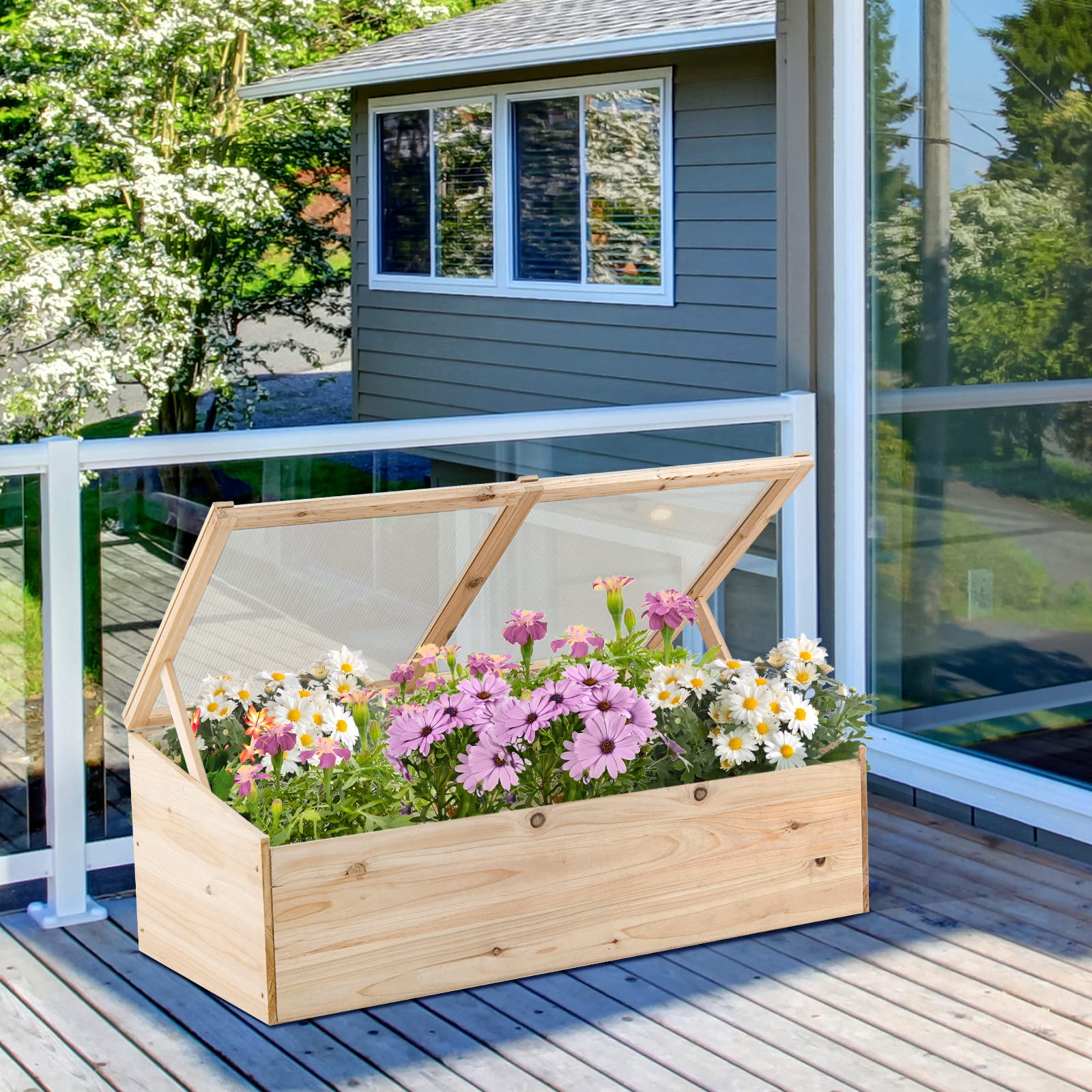 Giantex Wood Cold Frame, Mini Garden Greenhouse, Transparent Flip Top Lid(Farmhouse) 