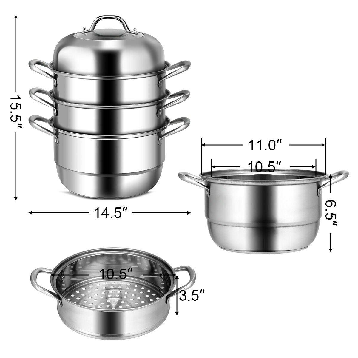 3-Layer Stainless Steel Steamer Pot for Cooking Soup and Steaming Food (Silver) 