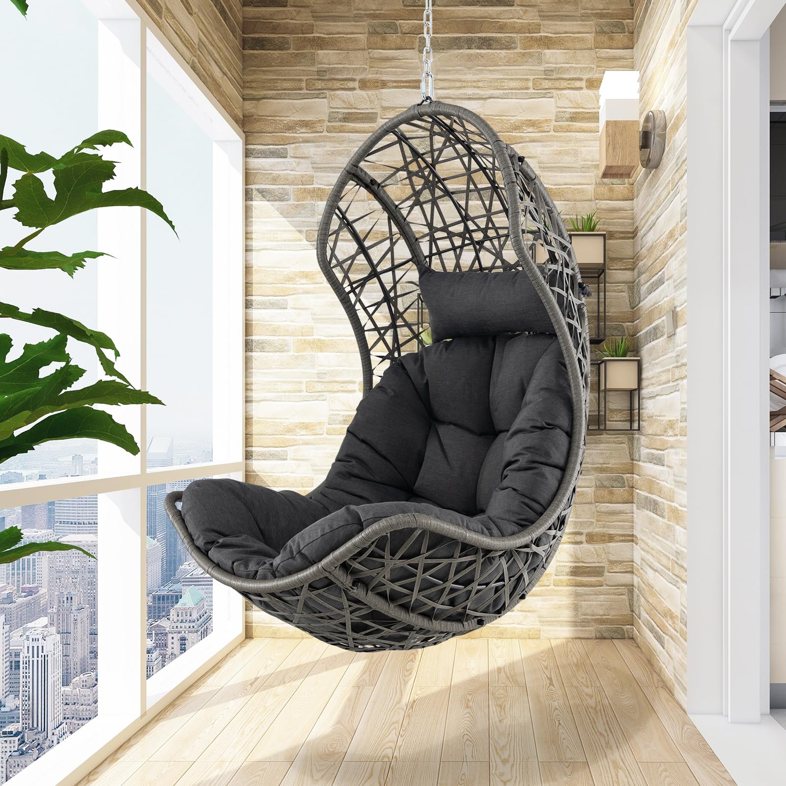 Giantex Swing Egg Chair Outdoor - PE Rattan Hammock Chair with Soft Pillow, Cushion, Metal Frame, Hanging Accessories 