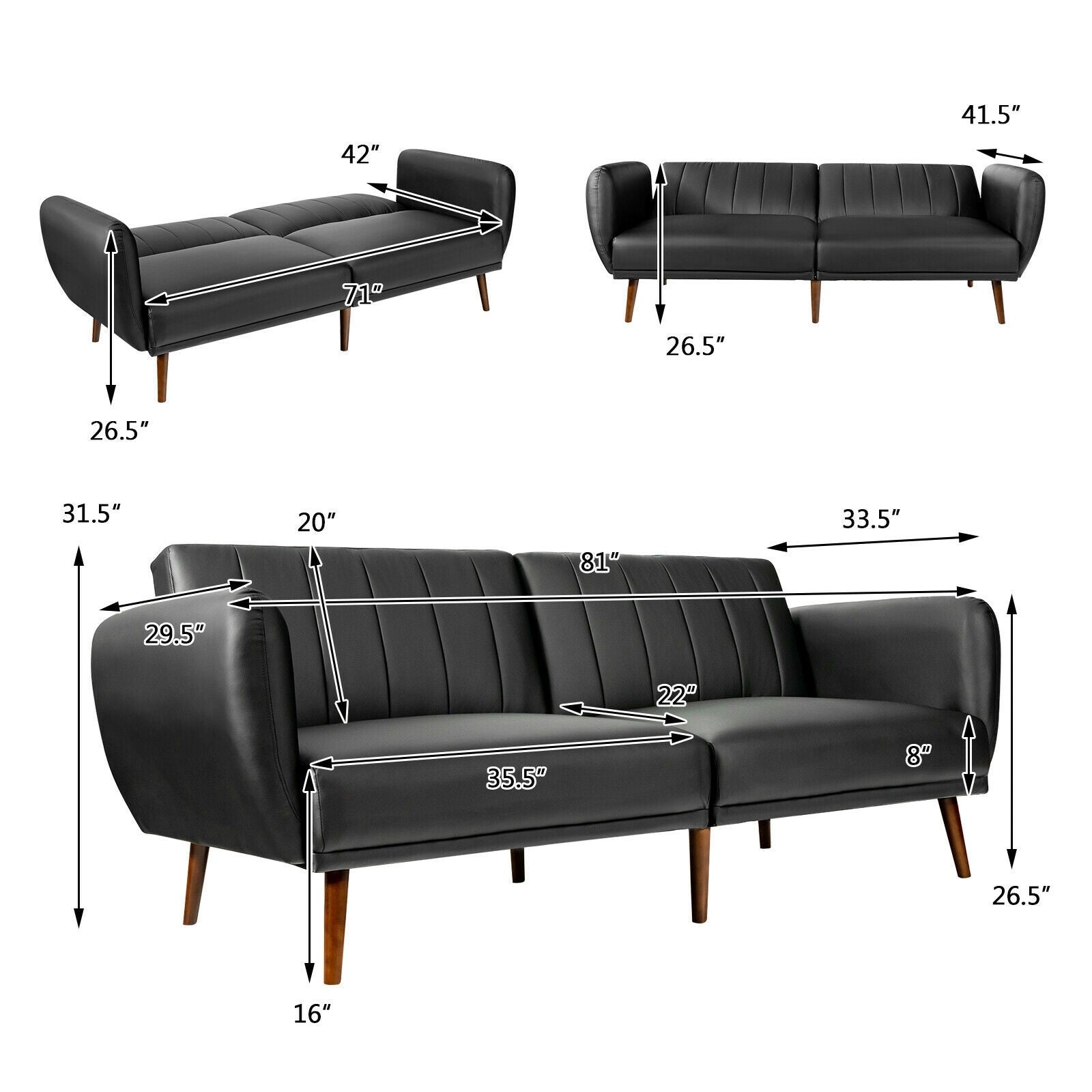 Giantex 3 Seat Sofa Bed, Convertible Futon Sofa, Adjustable Backrest, Foldable Couch Sleeper with Armrest (Black) 